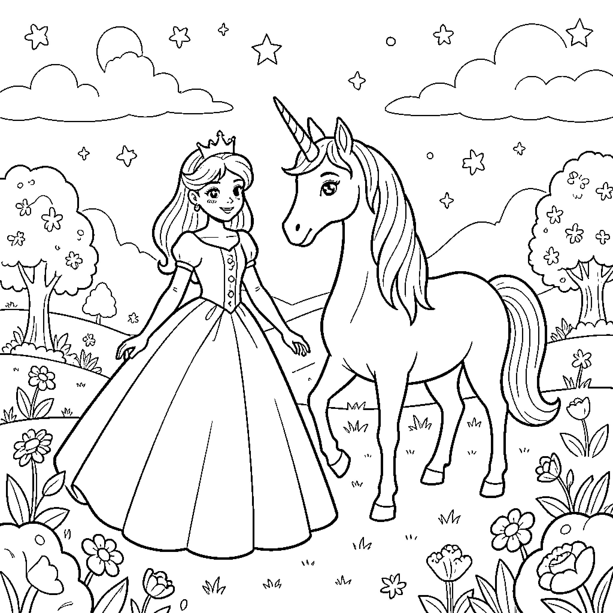 Princess standing gracefully next to a magical unicorn Coloring Page (free black-and-white line drawing printable PDF for all, from beginners to advanced learners, including children, teens, adults, and seniors)