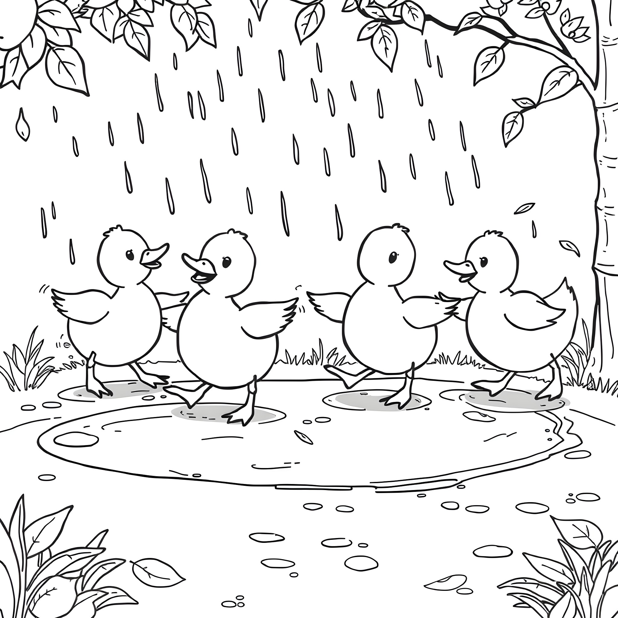 Duck ducklings playing in the rain Coloring Page (free black-and-white line drawing printable PDF for all, from beginners to advanced learners, including children, teens, adults, and seniors)