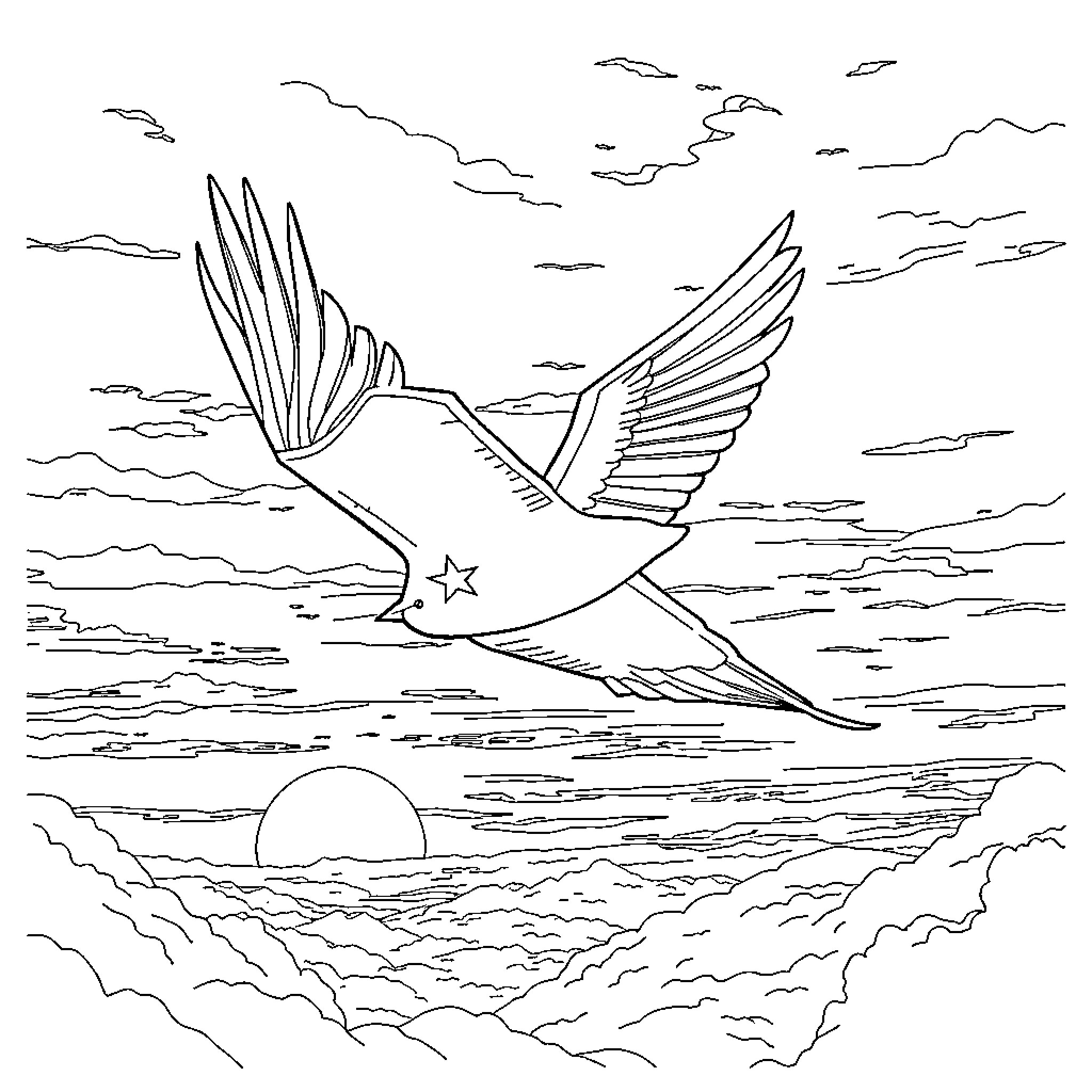 Thunderbird soaring gracefully across a cloudy sky Coloring Page (free black-and-white line drawing printable PDF for all, from beginners to advanced learners, including children, teens, adults, and seniors)