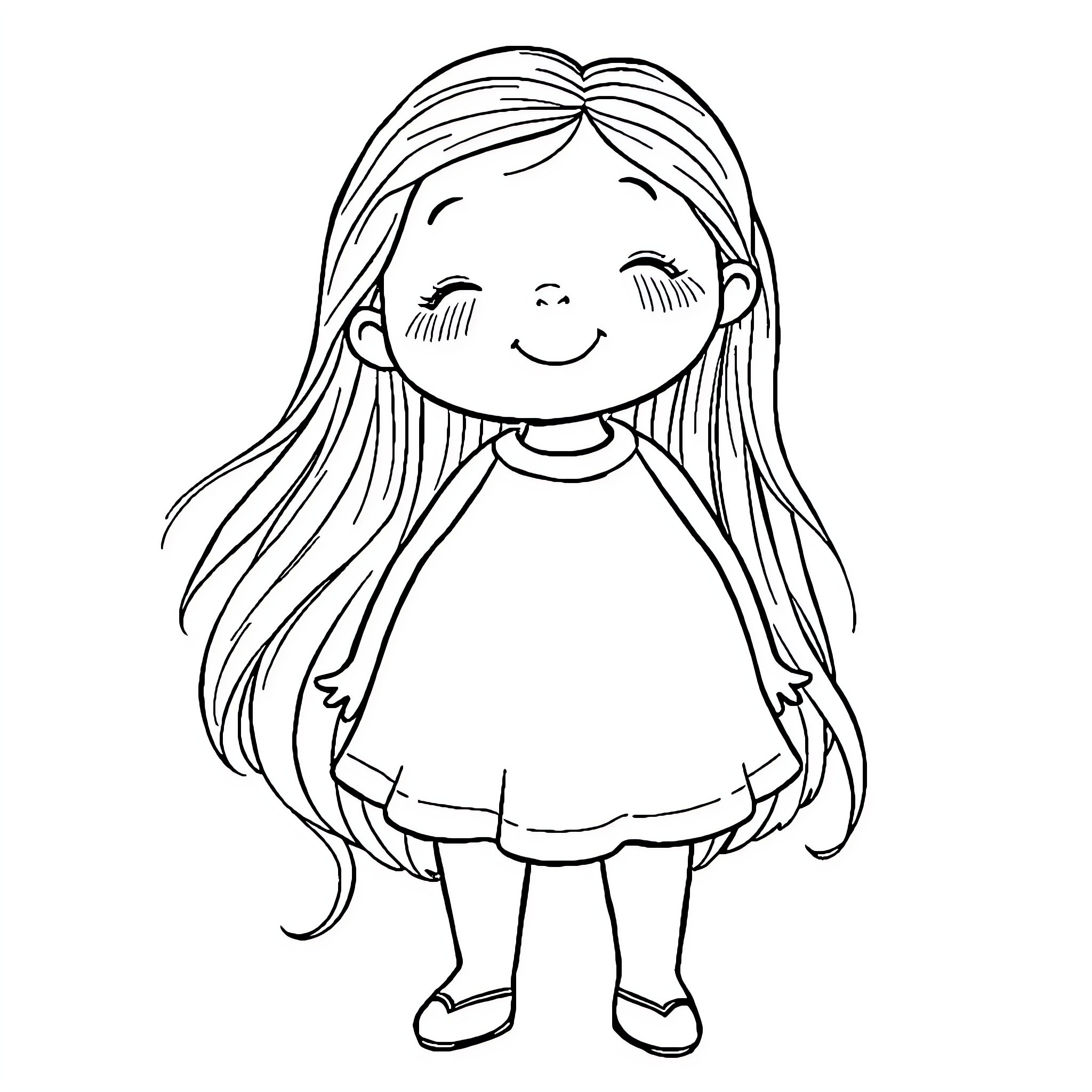 Girl in a happy expression with long hair Coloring Page (free black-and-white line drawing printable PDF for all, from beginners to advanced learners, including children, teens, adults, and seniors)
