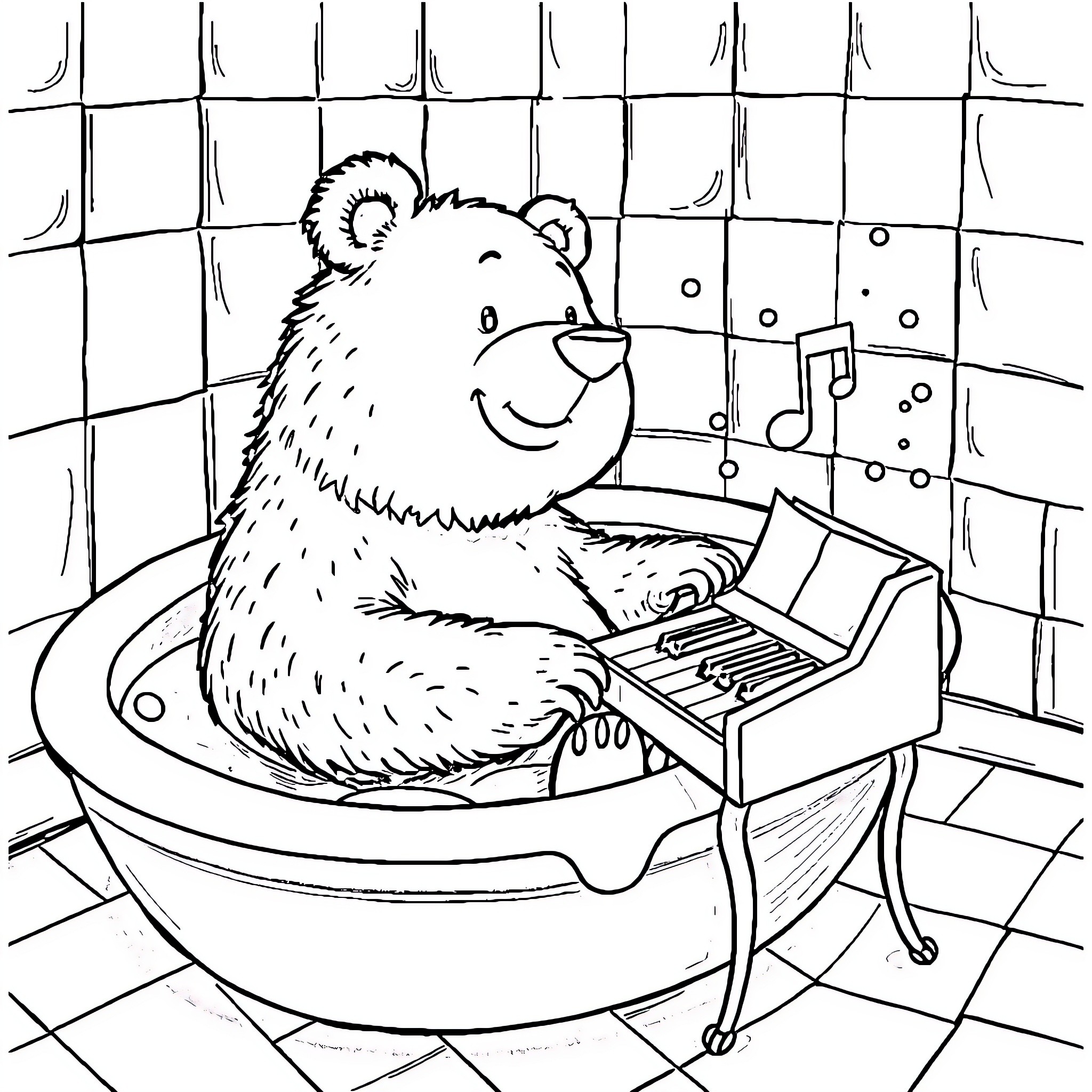 Bear playing piano in a bathtub Coloring Page (free black-and-white line drawing printable PDF for all, from beginners to advanced learners, including children, teens, adults, and seniors)