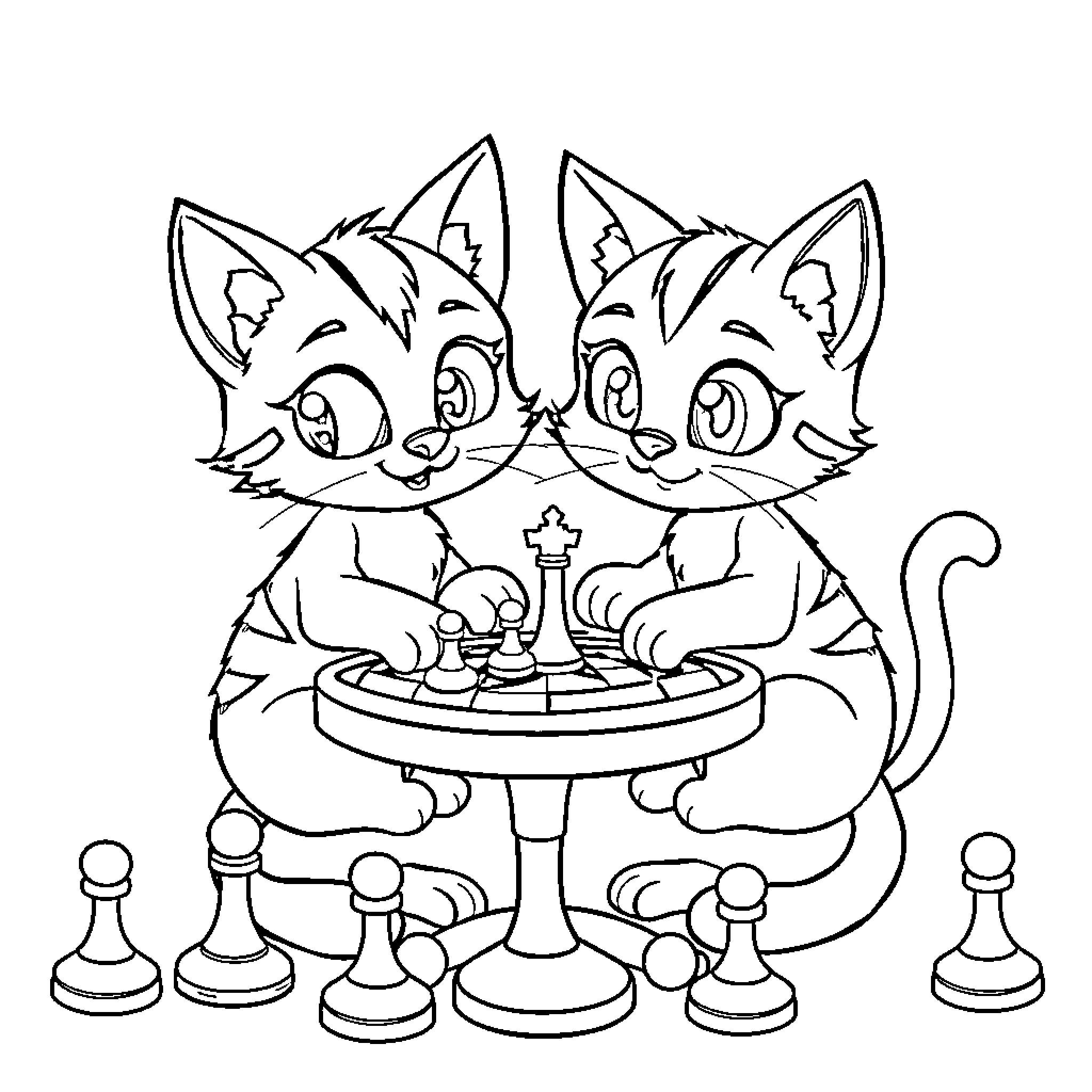 Cats playing chess on a table Coloring Page (free black-and-white line drawing printable PDF for all, from beginners to advanced learners, including children, teens, adults, and seniors)
