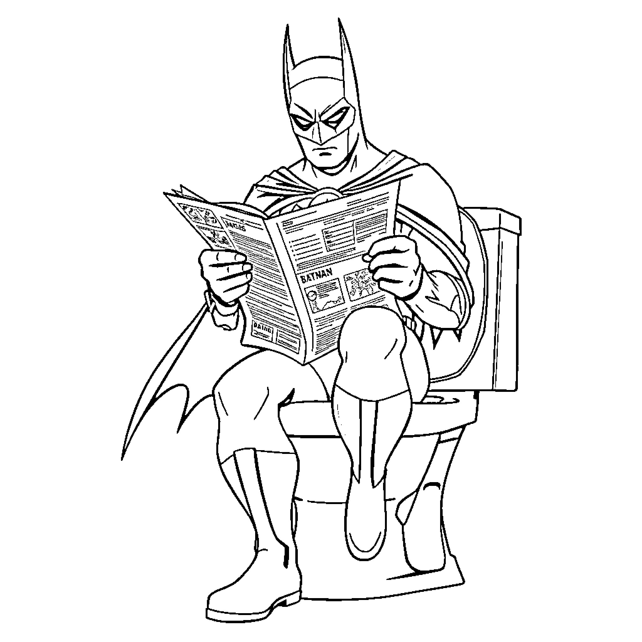Batman reading newspaper in costume Coloring Page (free black-and-white line drawing printable PDF for all, from beginners to advanced learners, including children, teens, adults, and seniors)