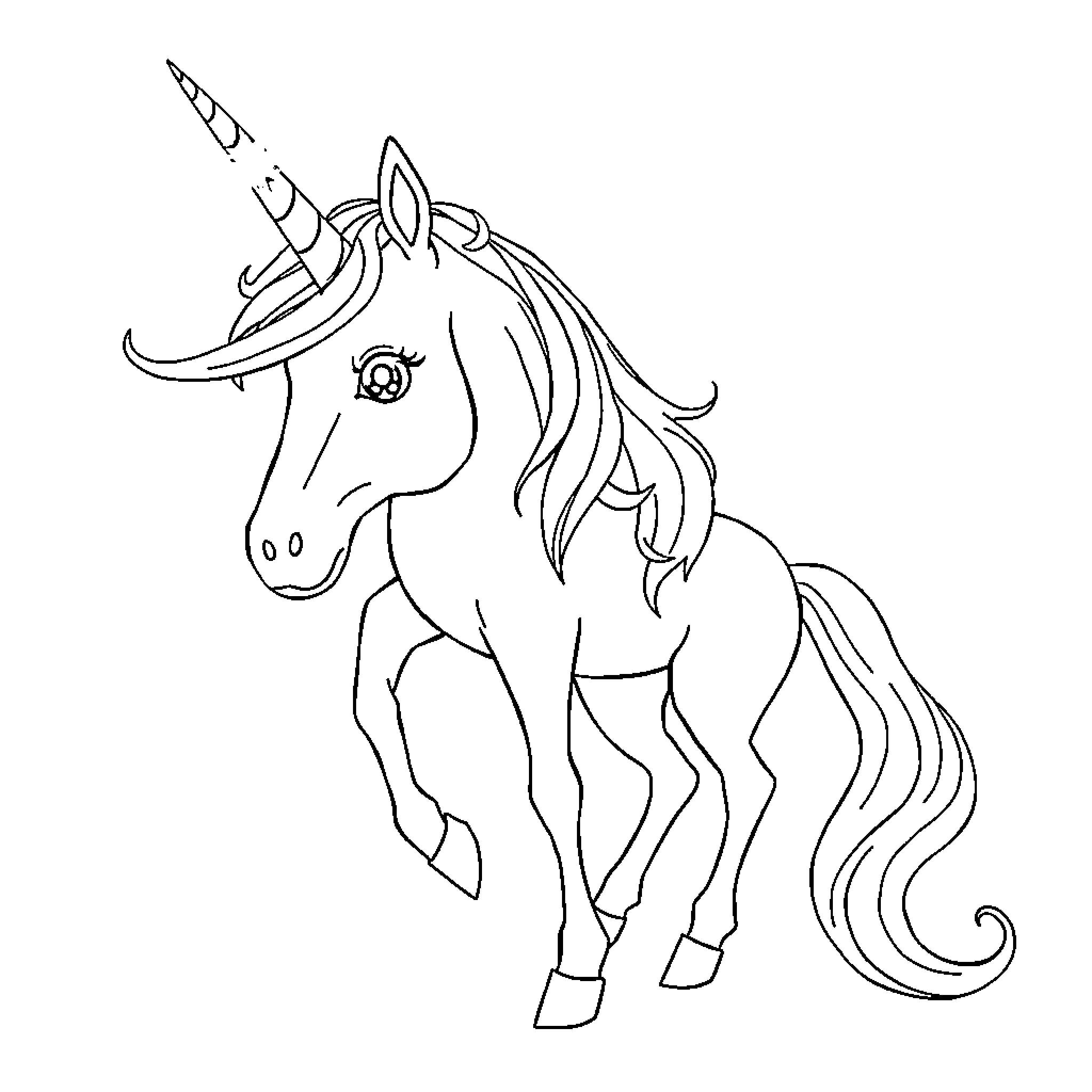 Unicorn with Flowing Mane and Elegant Pose Coloring Page (free black-and-white line drawing printable PDF for all, from beginners to advanced learners, including children, teens, adults, and seniors)