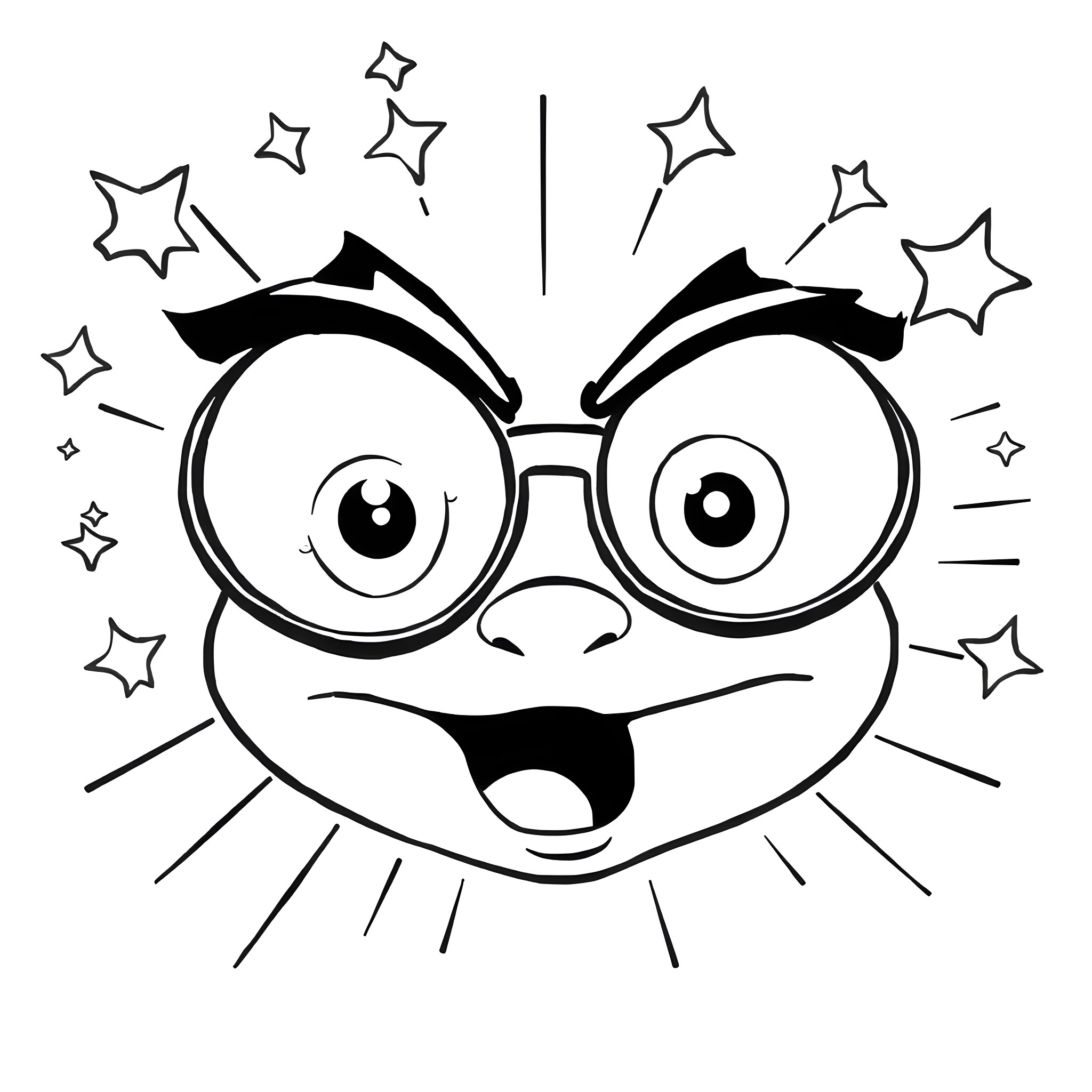 Eye-Catching Smiling Face with Sparkling Stars Coloring Page (free black-and-white line drawing printable PDF for all, from beginners to advanced learners, including children, teens, adults, and seniors)