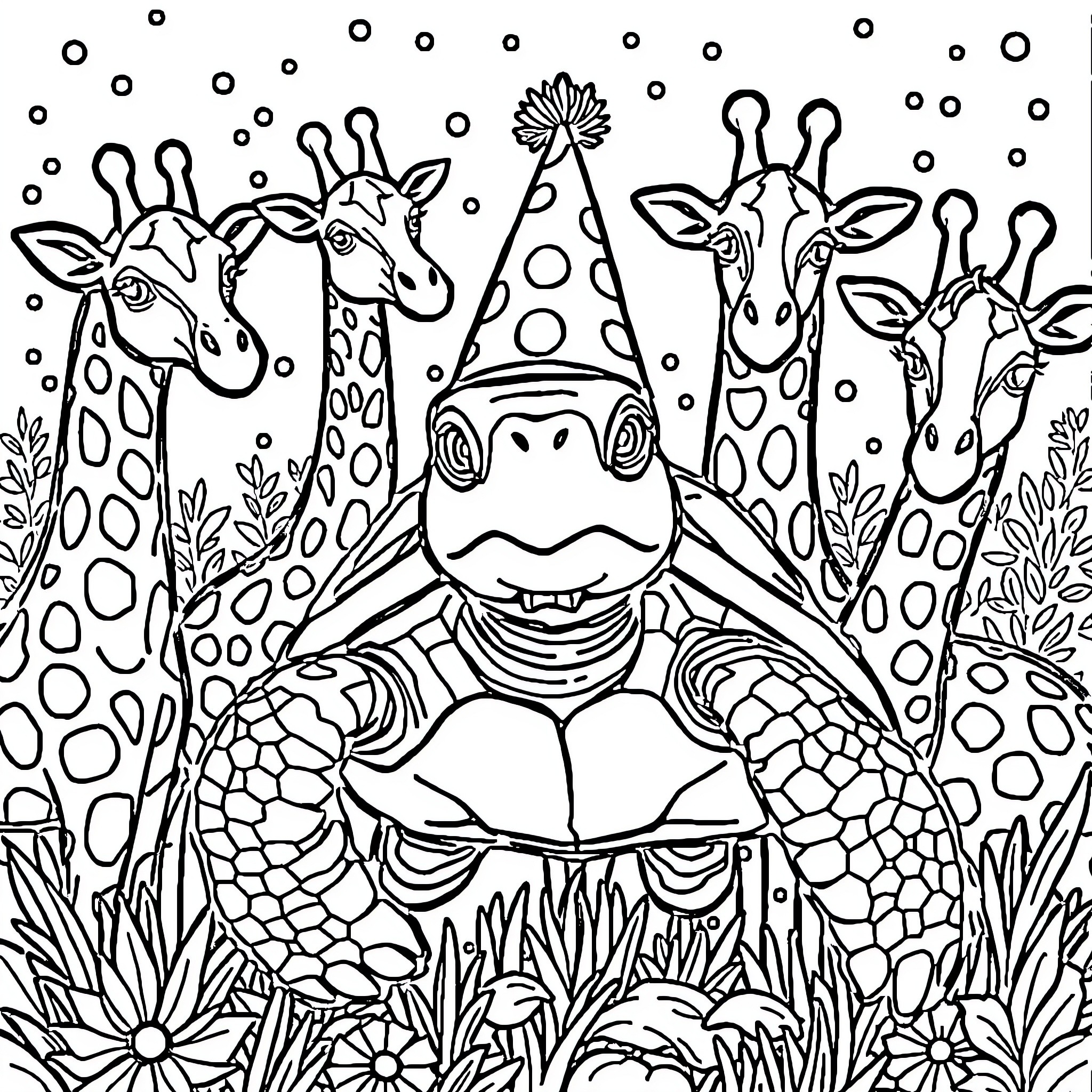 Sea Turtle Surrounded by Playful Giraffes Coloring Page (free black-and-white line drawing printable PDF for all, from beginners to advanced learners, including children, teens, adults, and seniors)