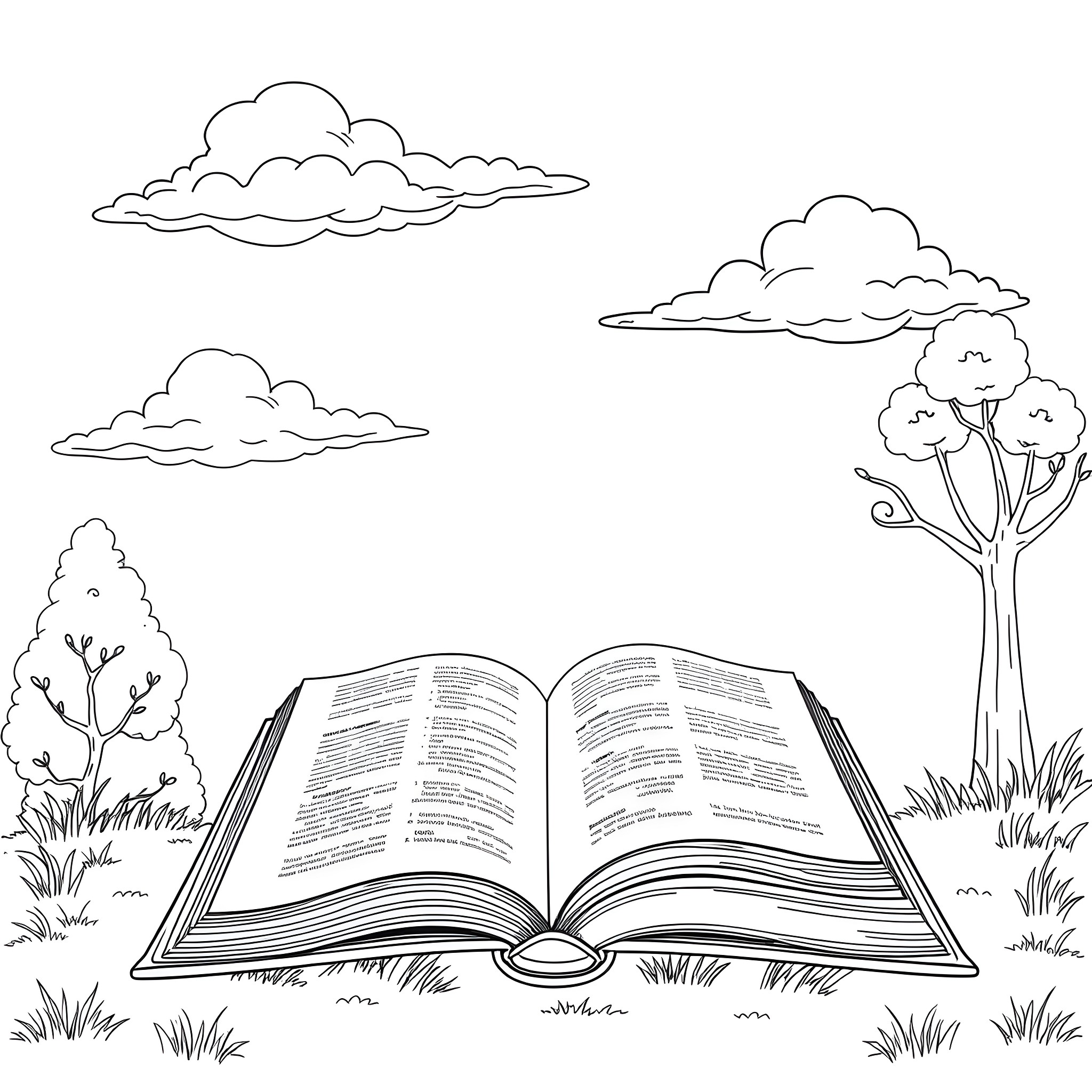 Bible Verse - Open Book in Peaceful Nature Scene Coloring Page (free black-and-white line drawing printable PDF for all, from beginners to advanced learners, including children, teens, adults, and seniors)