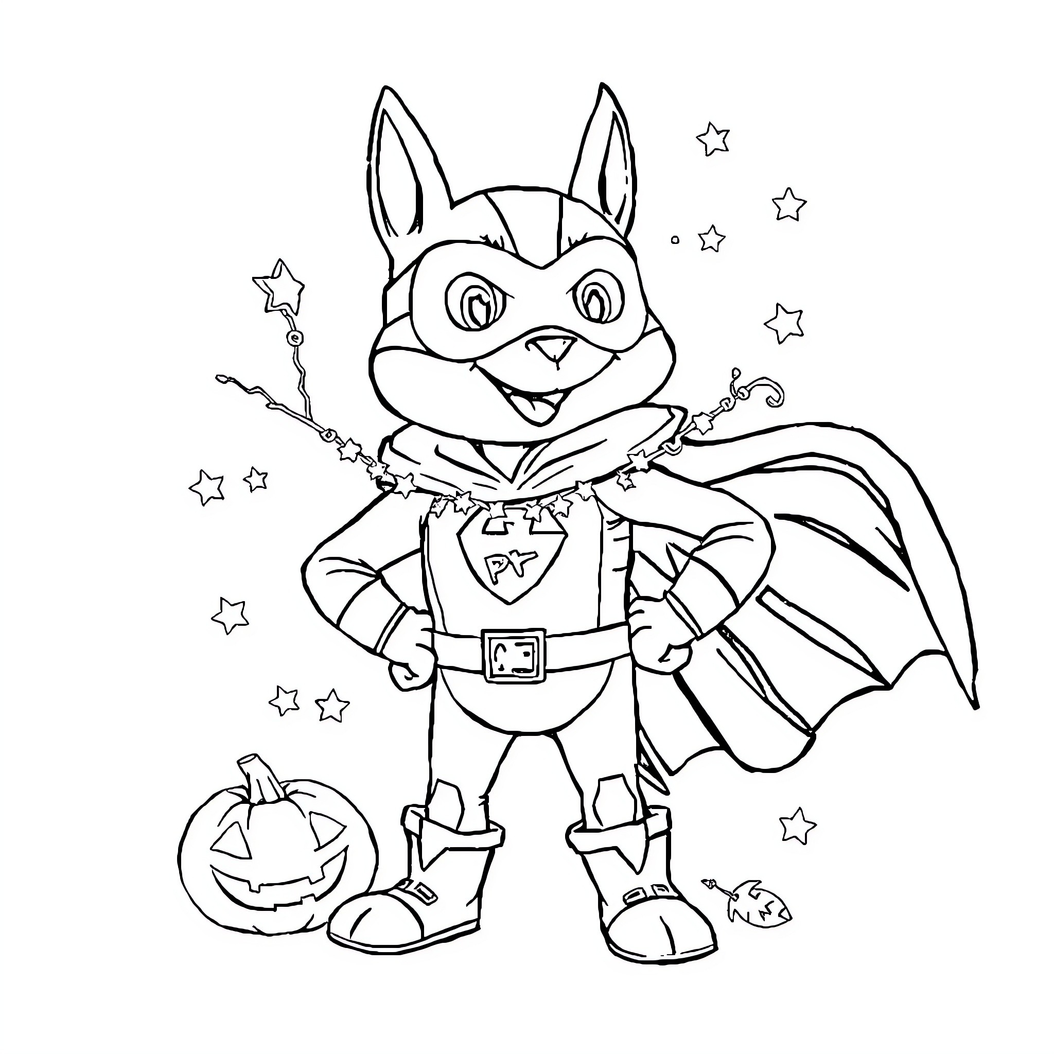 Marcus the Superhero Bunny's Spooky Adventure Coloring Page (free black-and-white line drawing printable PDF for all, from beginners to advanced learners, including children, teens, adults, and seniors)