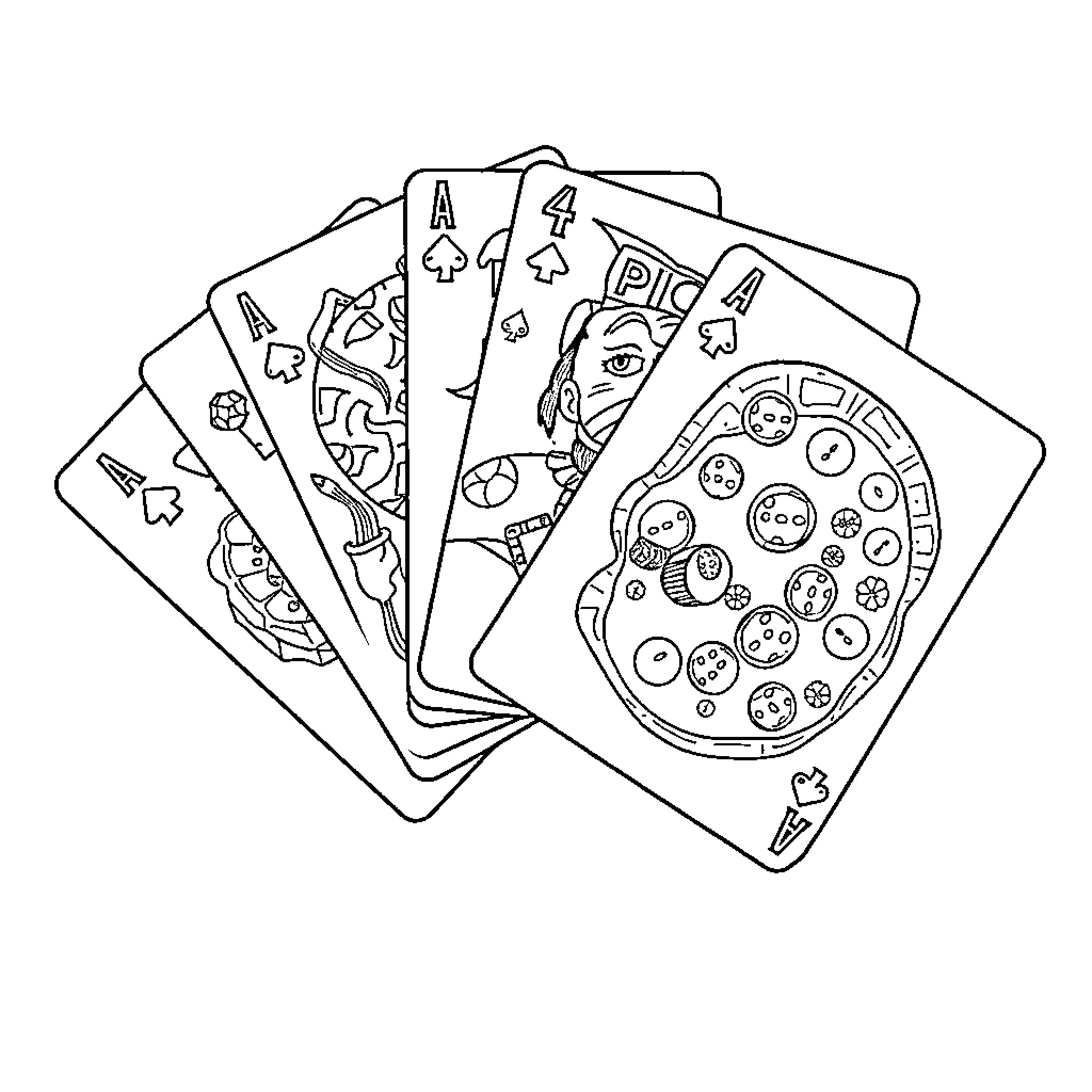 Pizza Playing Cards with Tasty Toppings Coloring Page (free black-and-white line drawing printable PDF for all, from beginners to advanced learners, including children, teens, adults, and seniors)