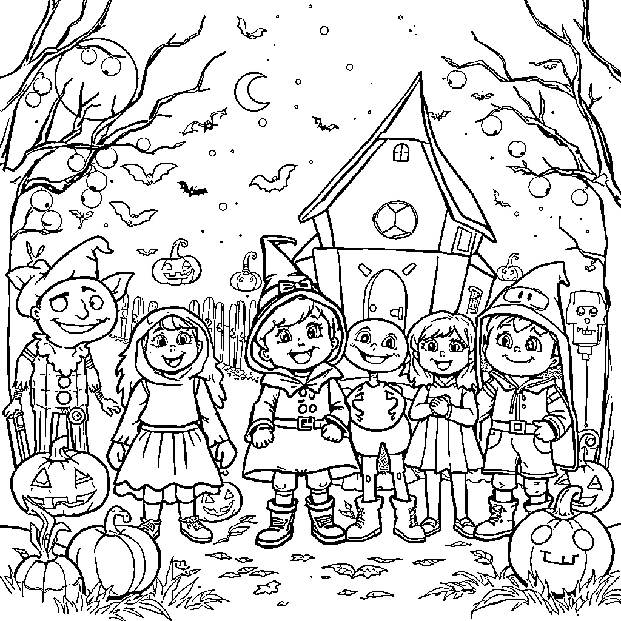 Halloween scene with children in costume Coloring Page (free black-and-white line drawing printable PDF for all, from beginners to advanced learners, including children, teens, adults, and seniors)