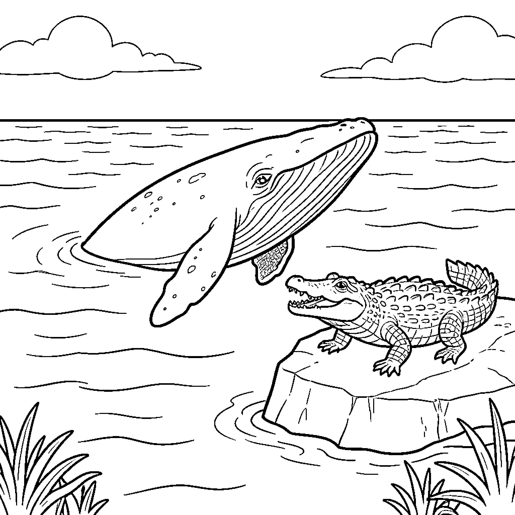 Whale jumping out of water near a crocodile Coloring Page (free black-and-white line drawing printable PDF for all, from beginners to advanced learners, including children, teens, adults, and seniors)