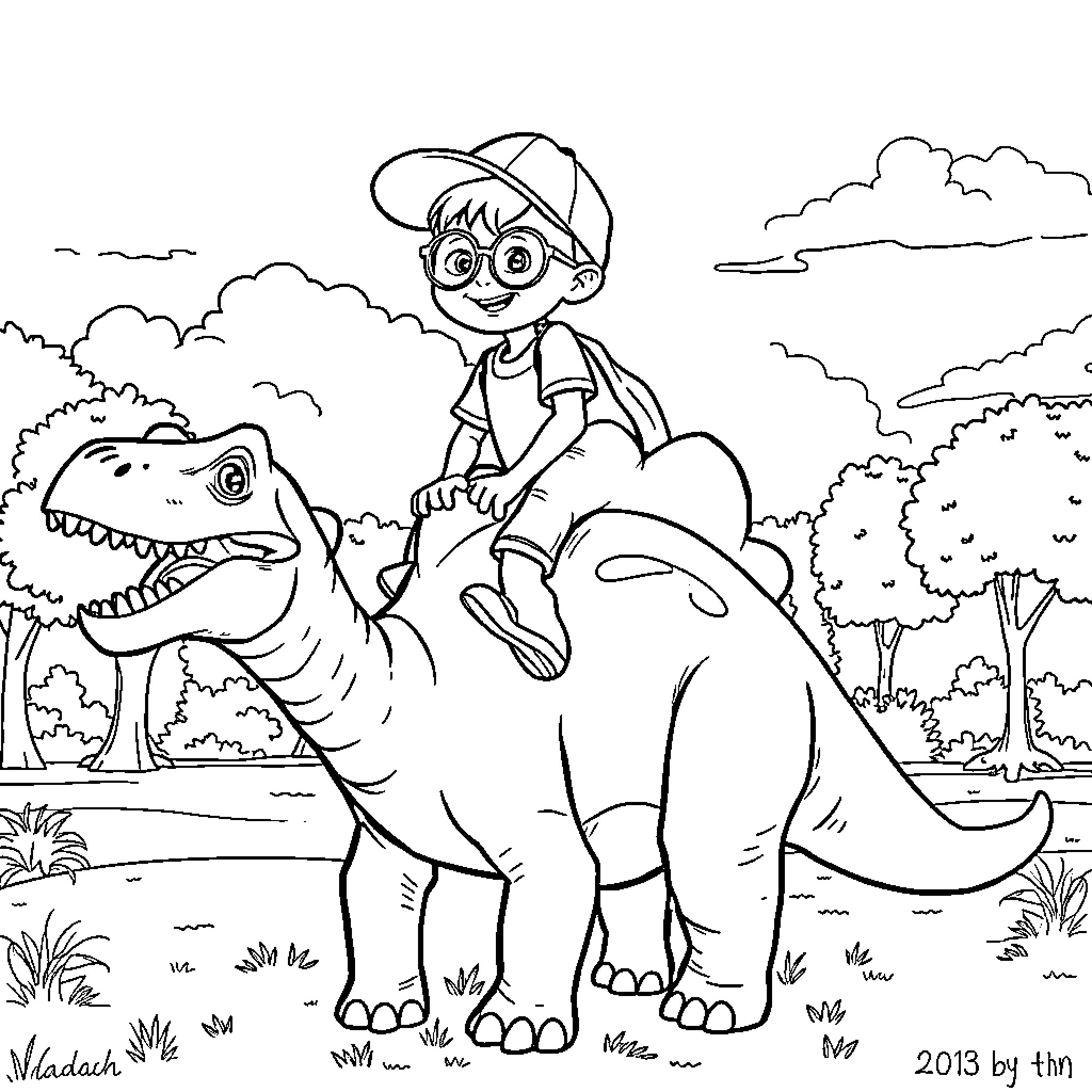 Boy riding on a friendly dinosaur in the forest Coloring Page (free black-and-white line drawing printable PDF for all, from beginners to advanced learners, including children, teens, adults, and seniors)