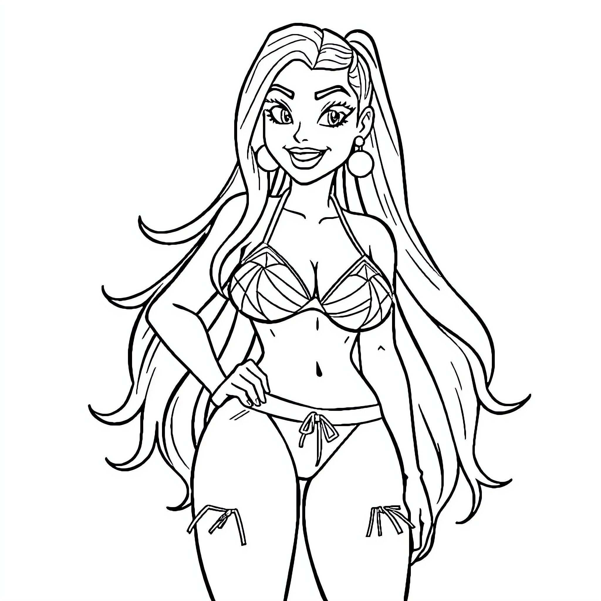 Janet in a Playful Beach Attire Coloring Page (free black-and-white line drawing printable PDF for all, from beginners to advanced learners, including children, teens, adults, and seniors)