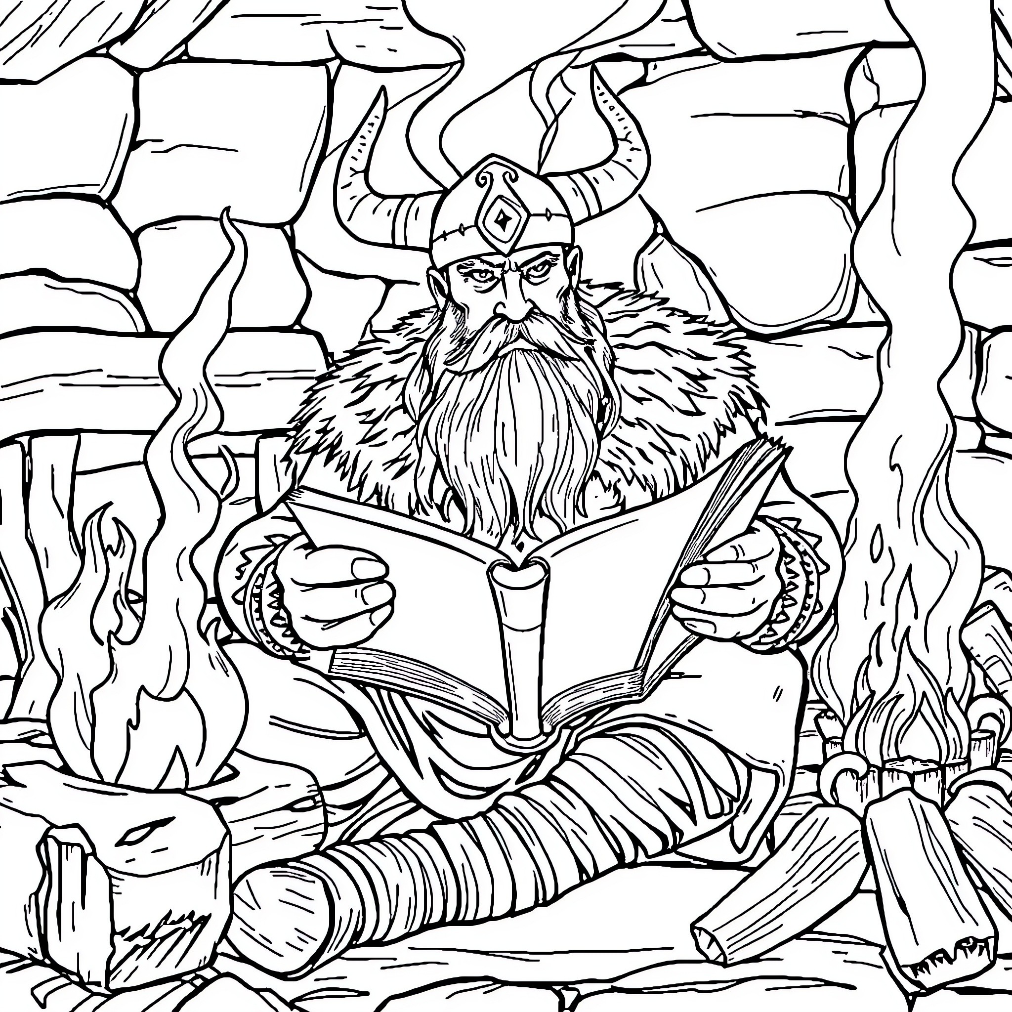 Viking Warrior Reading Mystical Tome in Rugged Terrain Coloring Page (free black-and-white line drawing printable PDF for all, from beginners to advanced learners, including children, teens, adults, and seniors)