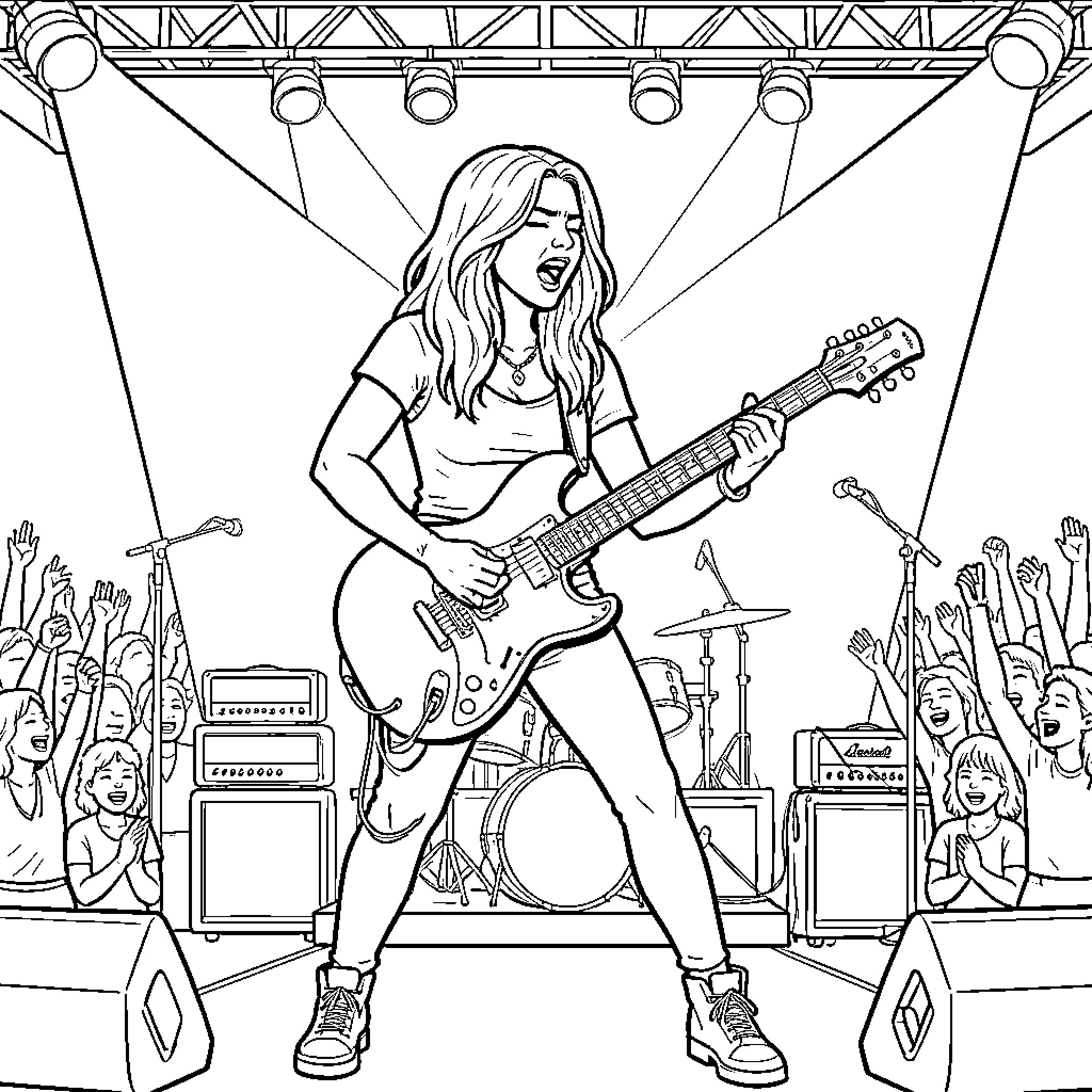 Jessie J rocking the stage with electric guitar Coloring Page (free black-and-white line drawing printable PDF for all, from beginners to advanced learners, including children, teens, adults, and seniors)
