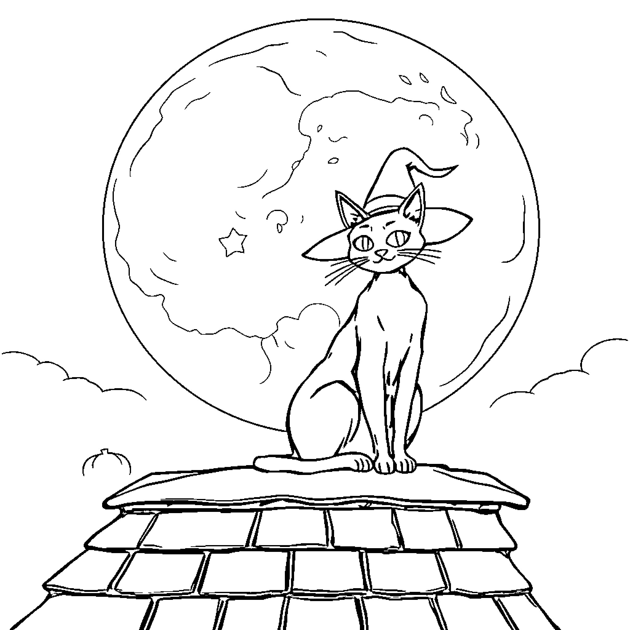 Witch Cat Sitting on a Rooftop Under the Moonlight Coloring Page (free black-and-white line drawing printable PDF for all, from beginners to advanced learners, including children, teens, adults, and seniors)