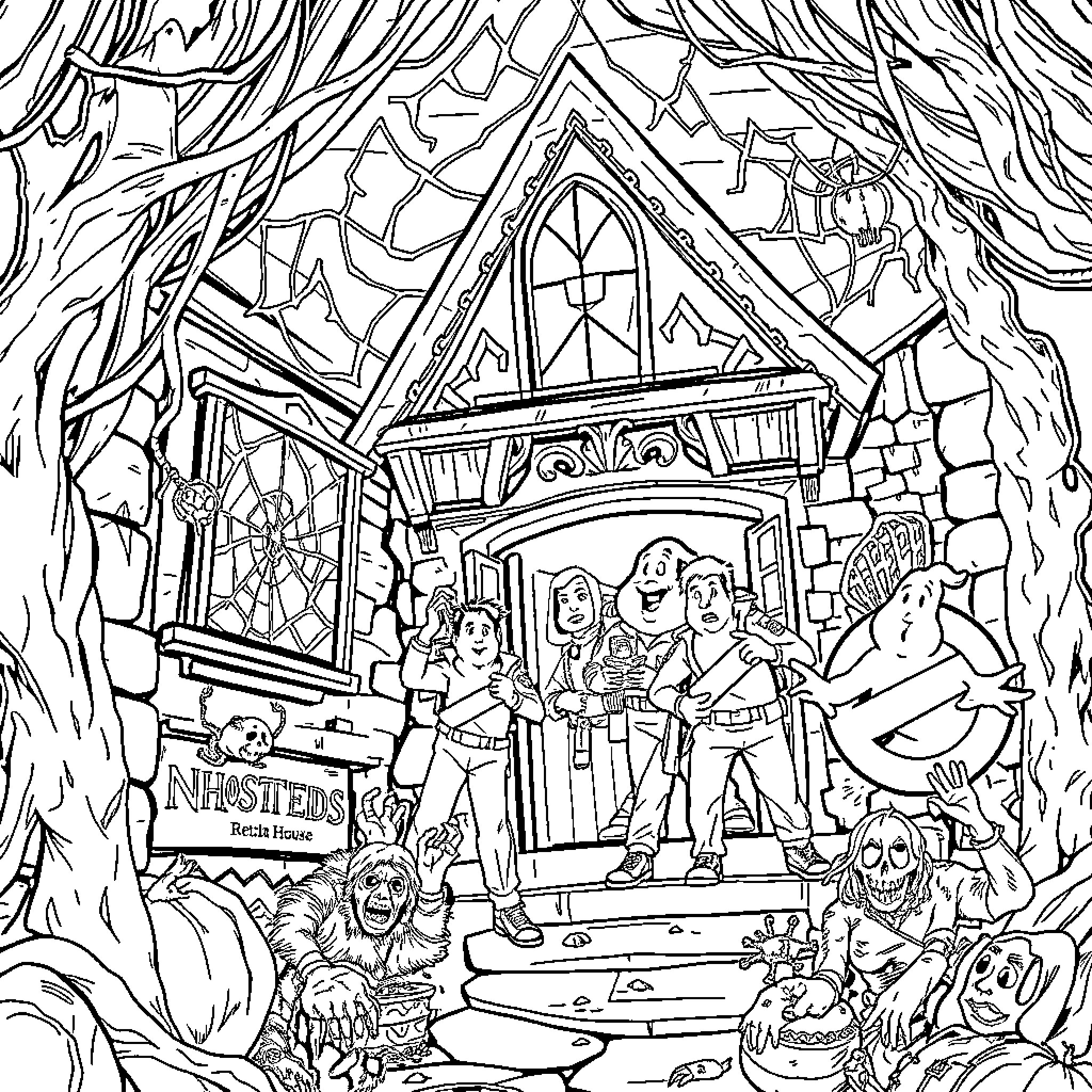 Ghostbusters team investigating a haunted house Coloring Page (free black-and-white line drawing printable PDF for all, from beginners to advanced learners, including children, teens, adults, and seniors)