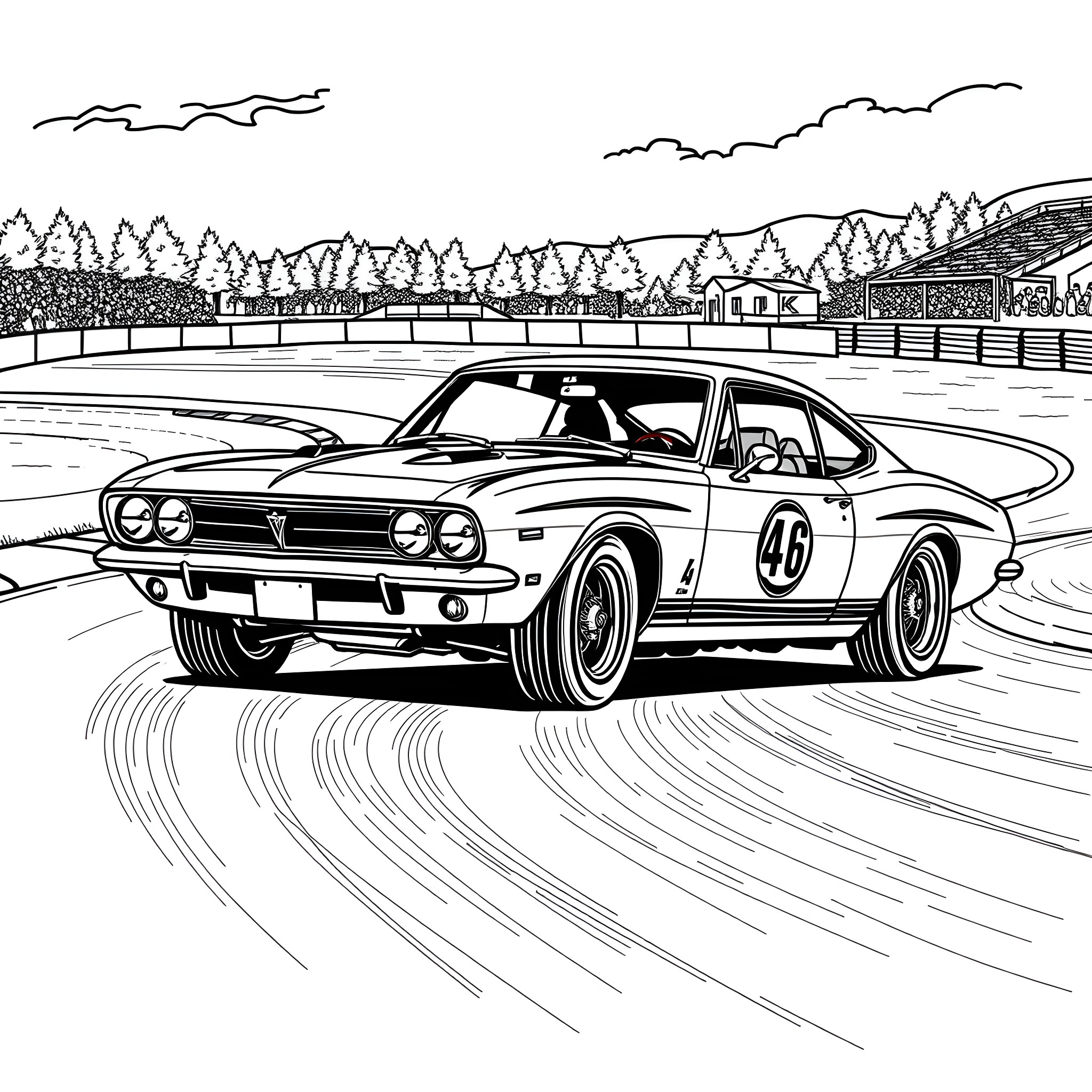 Yenko Stinger racing on the track Coloring Page (free black-and-white line drawing printable PDF for all, from beginners to advanced learners, including children, teens, adults, and seniors)