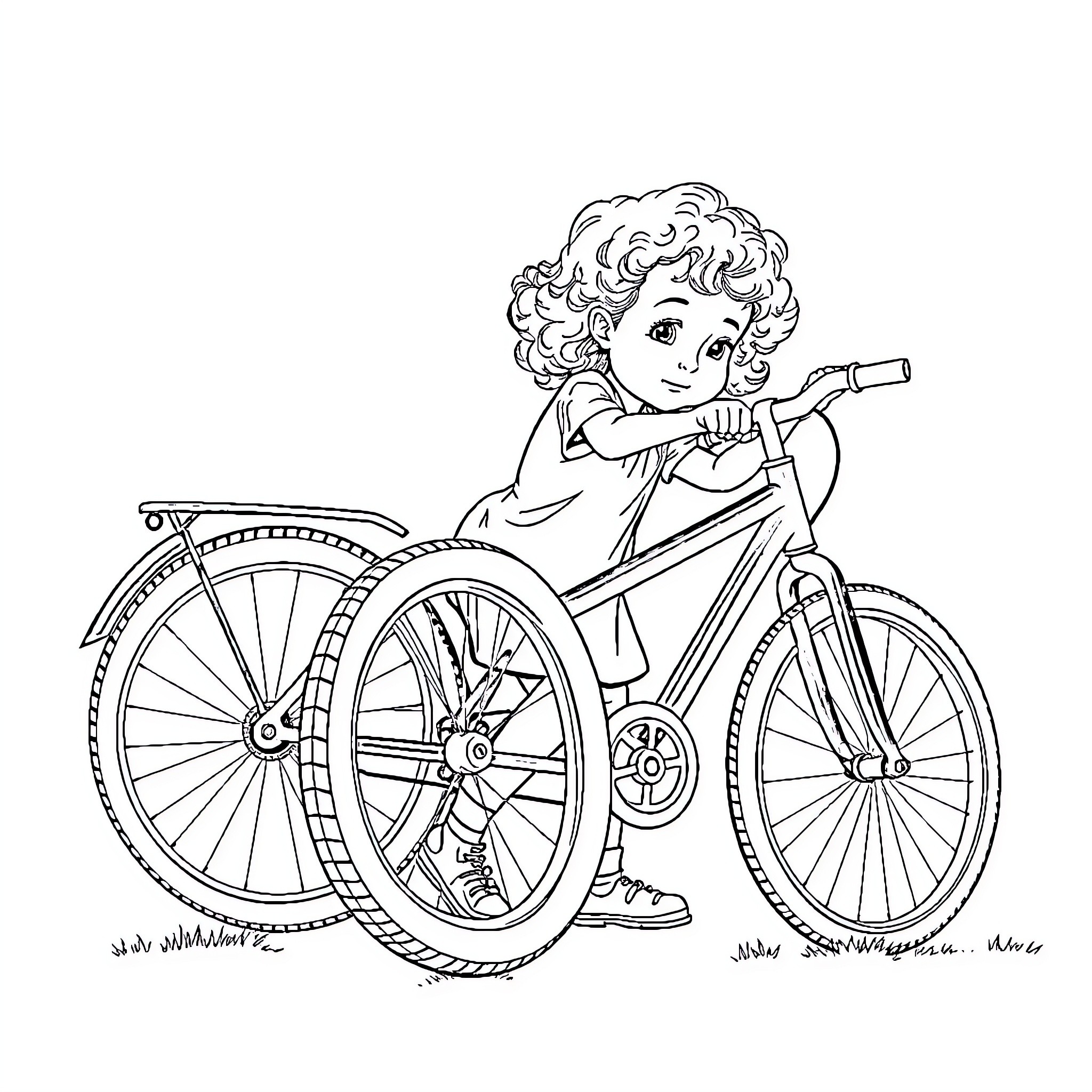 Girl Riding a Bicycle with Enthusiasm Coloring Page (free black-and-white line drawing printable PDF for all, from beginners to advanced learners, including children, teens, adults, and seniors)