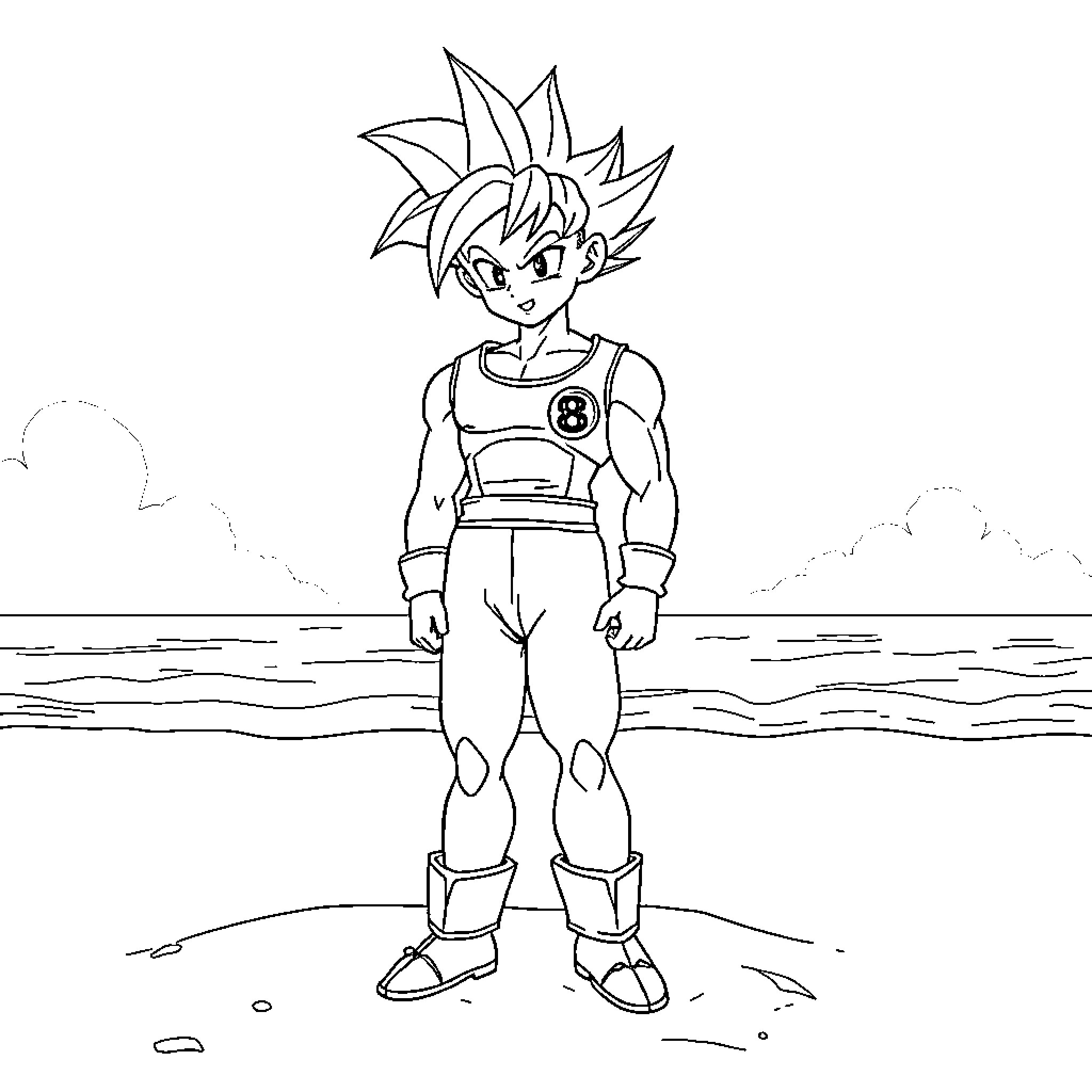 Android 18 standing confidently on the beach Coloring Page (free black-and-white line drawing printable PDF for all, from beginners to advanced learners, including children, teens, adults, and seniors)