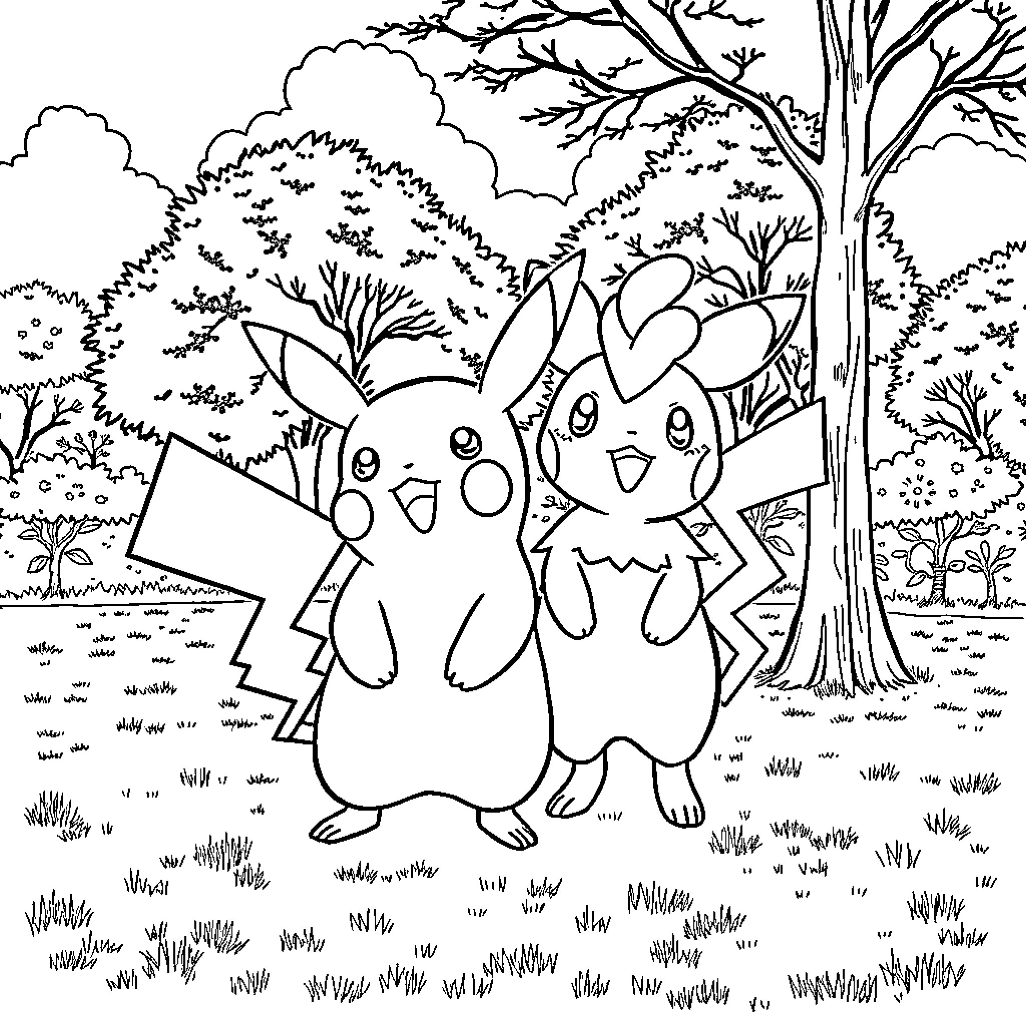 Pikachu and Pichu playing together in the forest Coloring Page (free black-and-white line drawing printable PDF for all, from beginners to advanced learners, including children, teens, adults, and seniors)