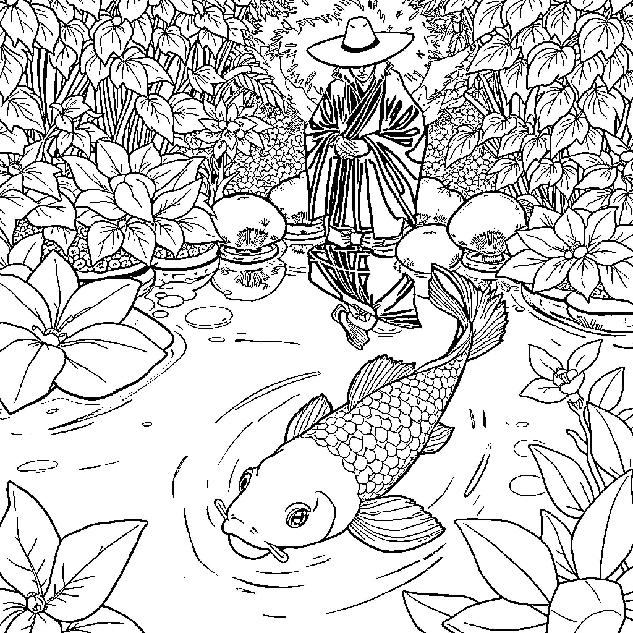 Koi pond with a person in traditional attire Coloring Page (free black-and-white line drawing printable PDF for all, from beginners to advanced learners, including children, teens, adults, and seniors)