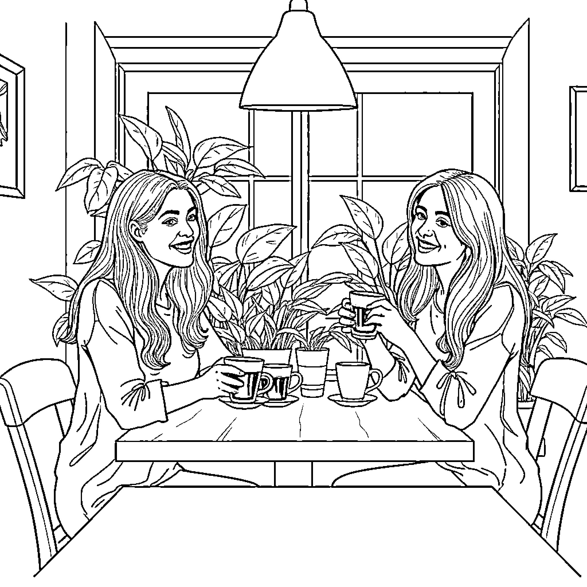 Woman Enjoying Drinks with Friend in Cozy Interior Coloring Page (free black-and-white line drawing printable PDF for all, from beginners to advanced learners, including children, teens, adults, and seniors)