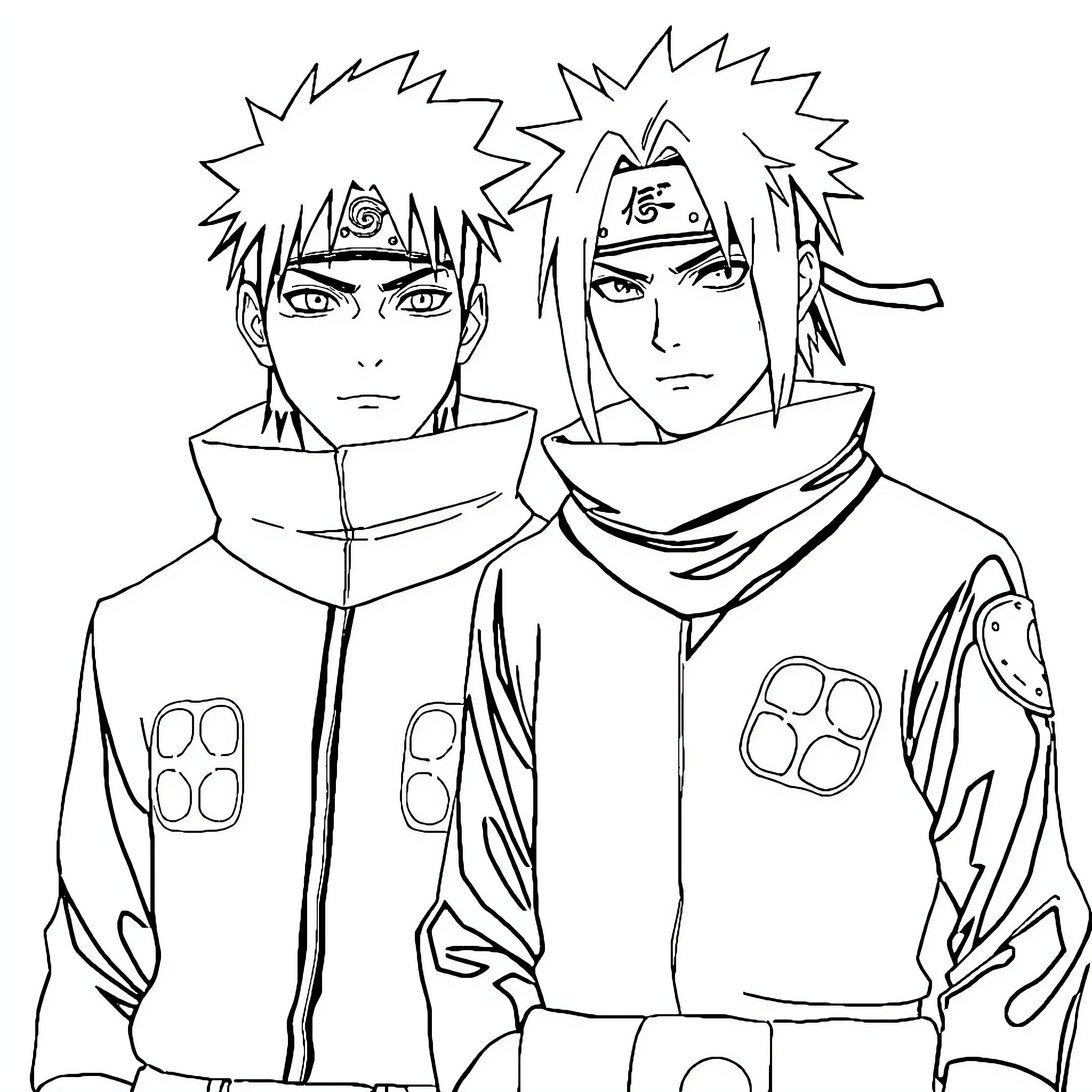 Itachi and Naruto in intense discussion Coloring Page (free black-and-white line drawing printable PDF for all, from beginners to advanced learners, including children, teens, adults, and seniors)