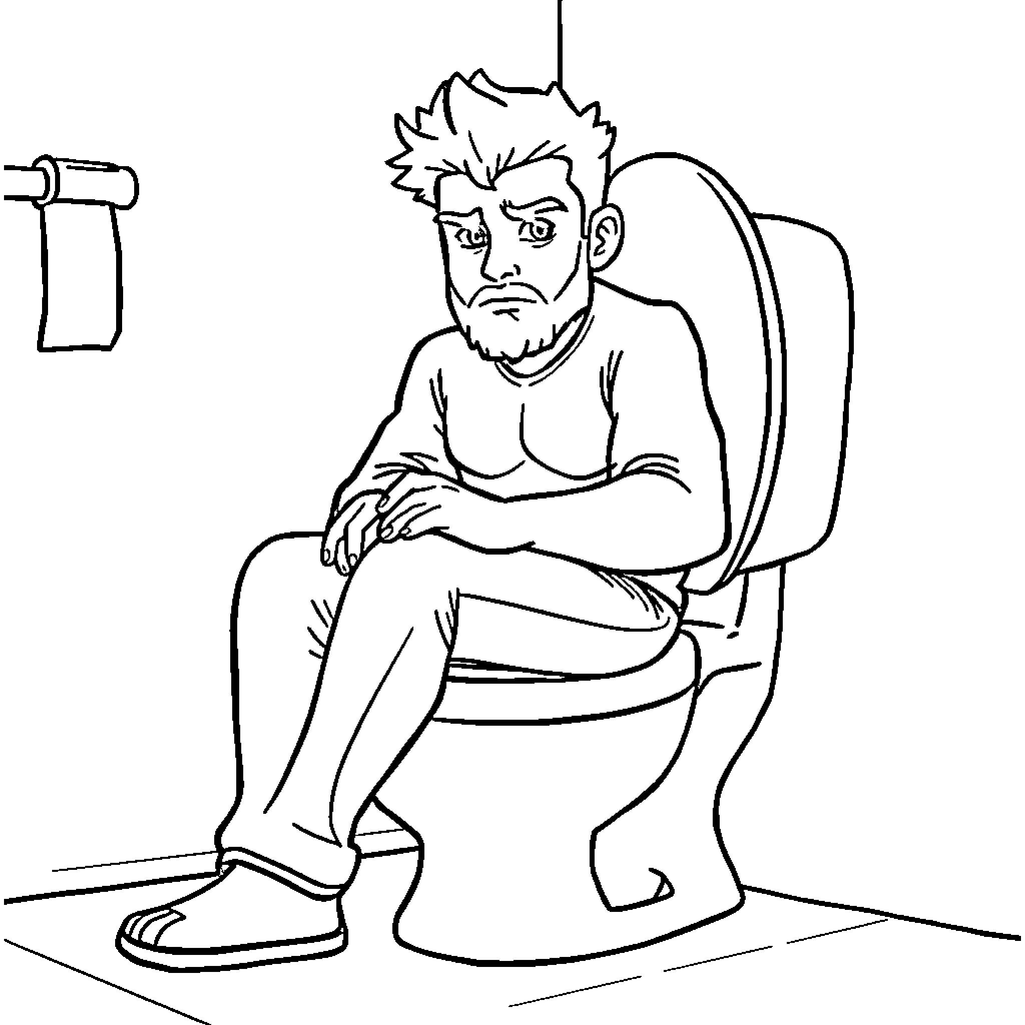 Zizaran sitting on the toilet with a frustrated expression Coloring Page (free black-and-white line drawing printable PDF for all, from beginners to advanced learners, including children, teens, adults, and seniors)