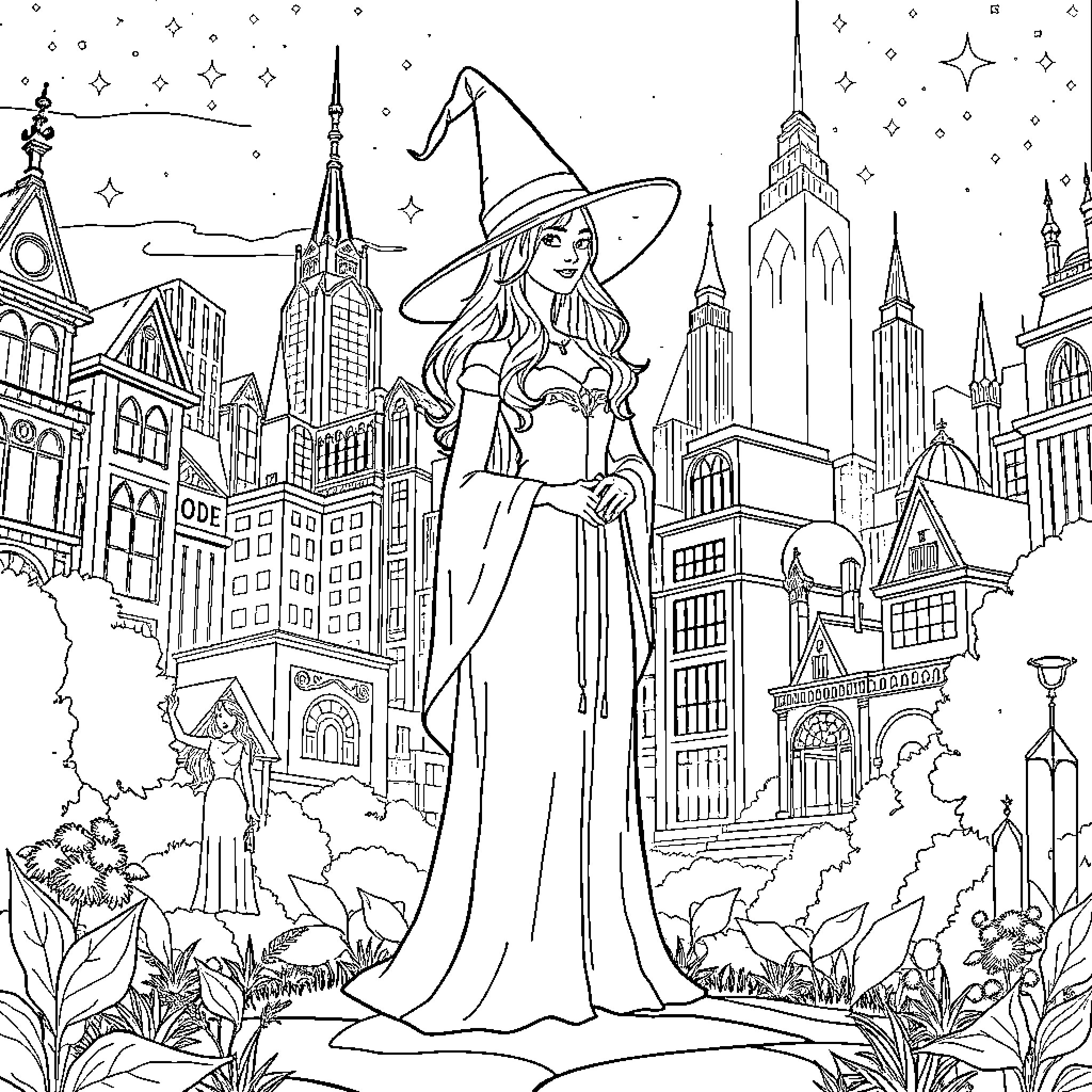 Glenda the Witch Surveys the Enchanted City Coloring Page (free black-and-white line drawing printable PDF for all, from beginners to advanced learners, including children, teens, adults, and seniors)