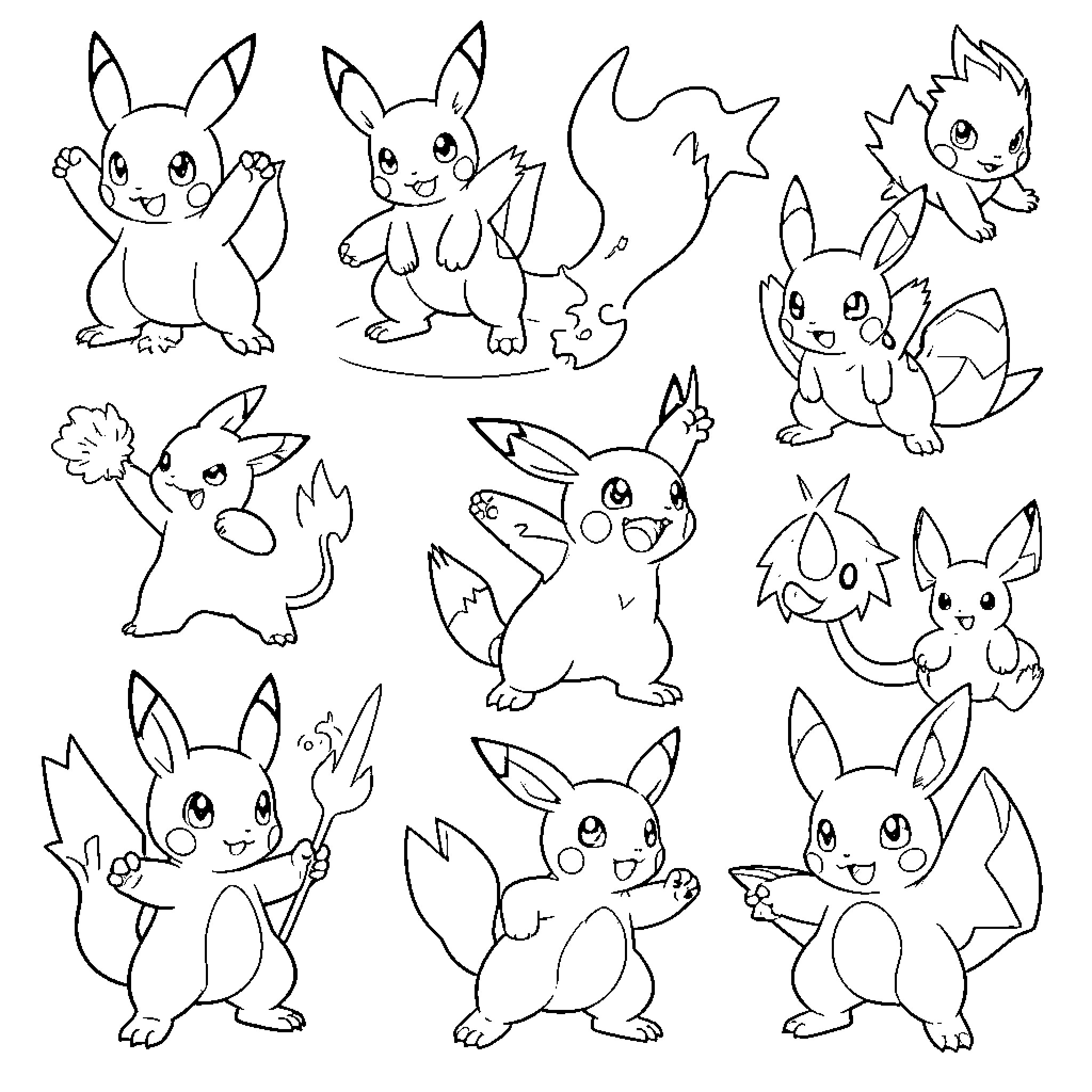 Pokémon Companions: Playful Postures and Expressions Coloring Page (free black-and-white line drawing printable PDF for all, from beginners to advanced learners, including children, teens, adults, and seniors)