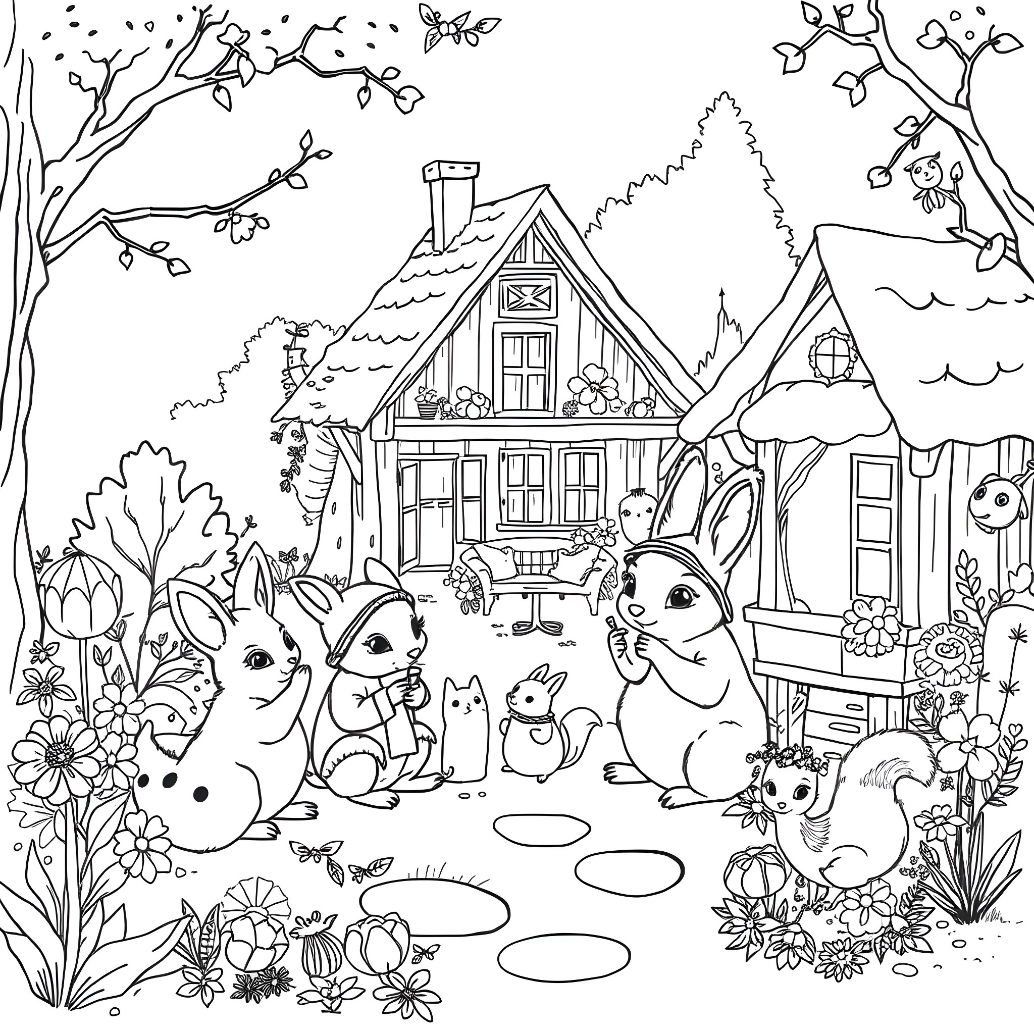 Beatrix Potter's Charming Forest Cottage and Woodland Creatures Coloring Page (free black-and-white line drawing printable PDF for all, from beginners to advanced learners, including children, teens, adults, and seniors)
