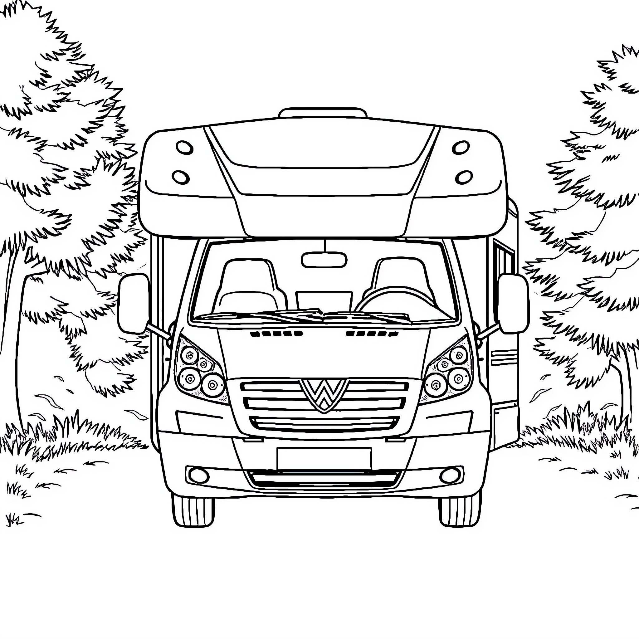Motor Home Camping in the Wilderness Coloring Page (free black-and-white line drawing printable PDF for all, from beginners to advanced learners, including children, teens, adults, and seniors)