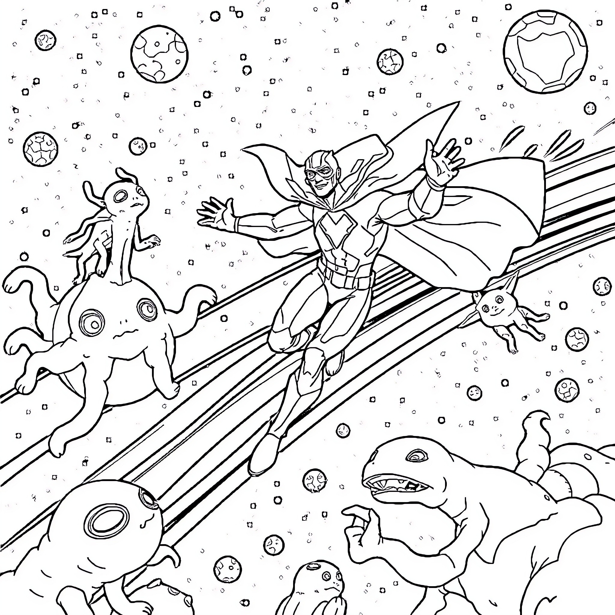 Superhero Soaring Through Cosmic Landscape with Alien Creatures Coloring Page (free black-and-white line drawing printable PDF for all, from beginners to advanced learners, including children, teens, adults, and seniors)