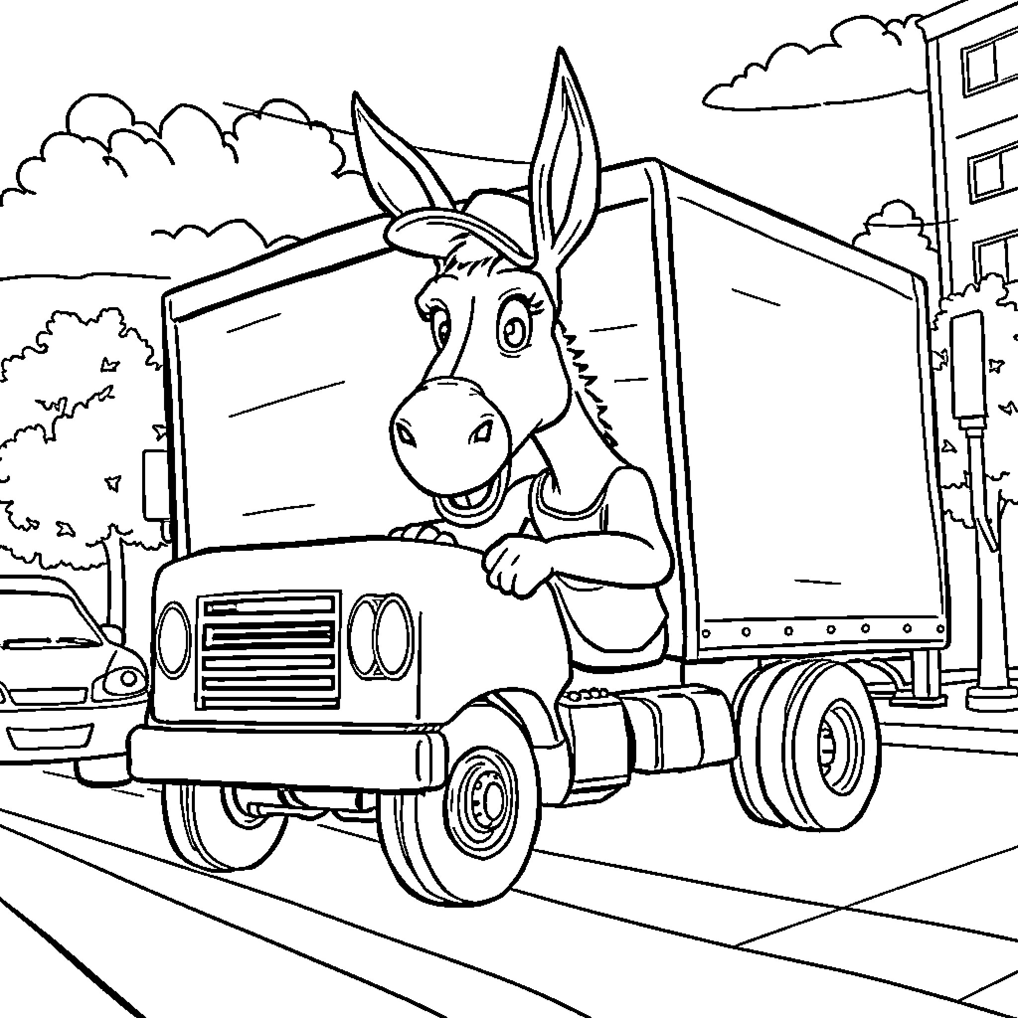 Donkey driving a delivery truck in the city Coloring Page (free black-and-white line drawing printable PDF for all, from beginners to advanced learners, including children, teens, adults, and seniors)