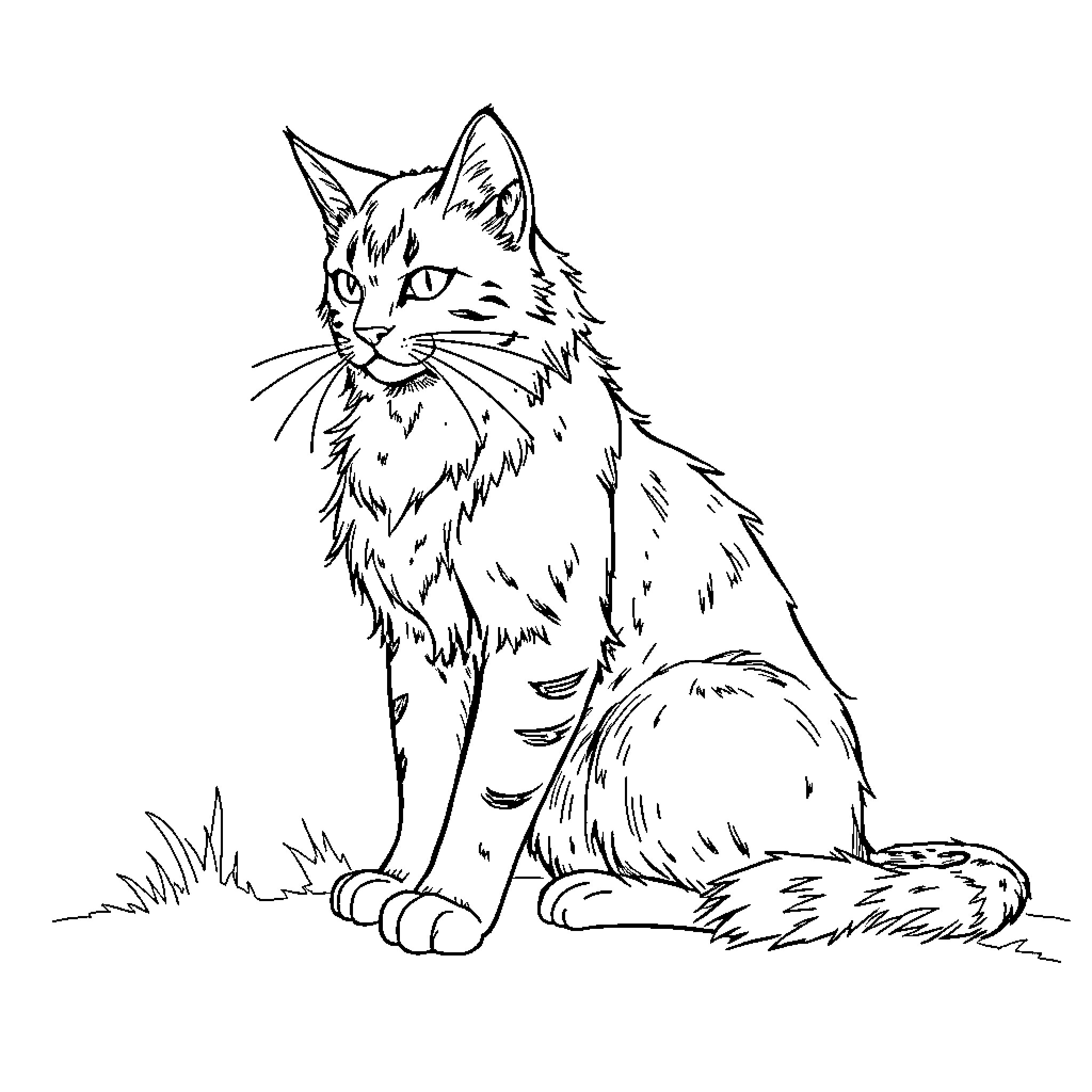 Warrior Cat Prowling in the Wild Coloring Page (free black-and-white line drawing printable PDF for all, from beginners to advanced learners, including children, teens, adults, and seniors)