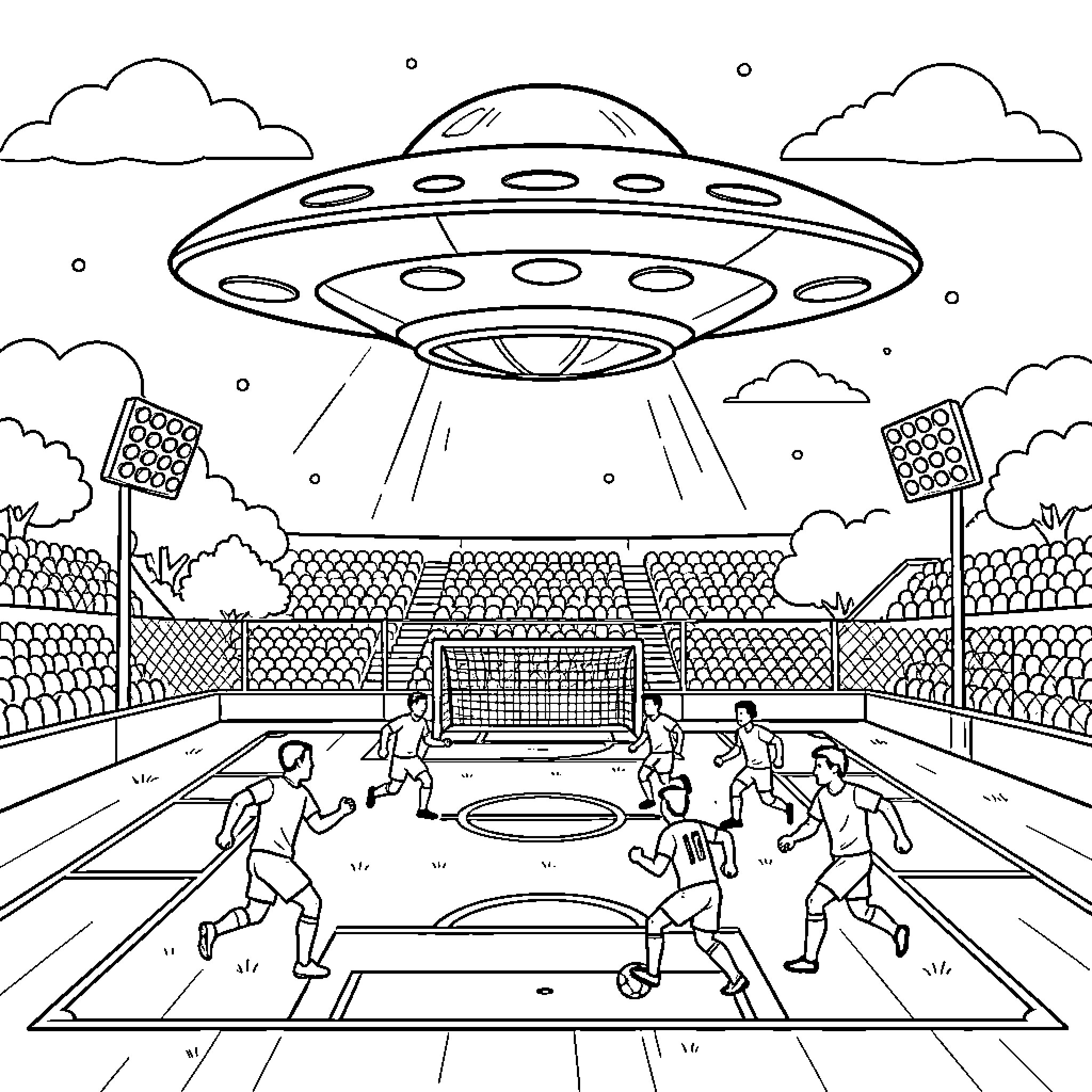 UFO hovering over a soccer match in a stadium Coloring Page (free black-and-white line drawing printable PDF for all, from beginners to advanced learners, including children, teens, adults, and seniors)