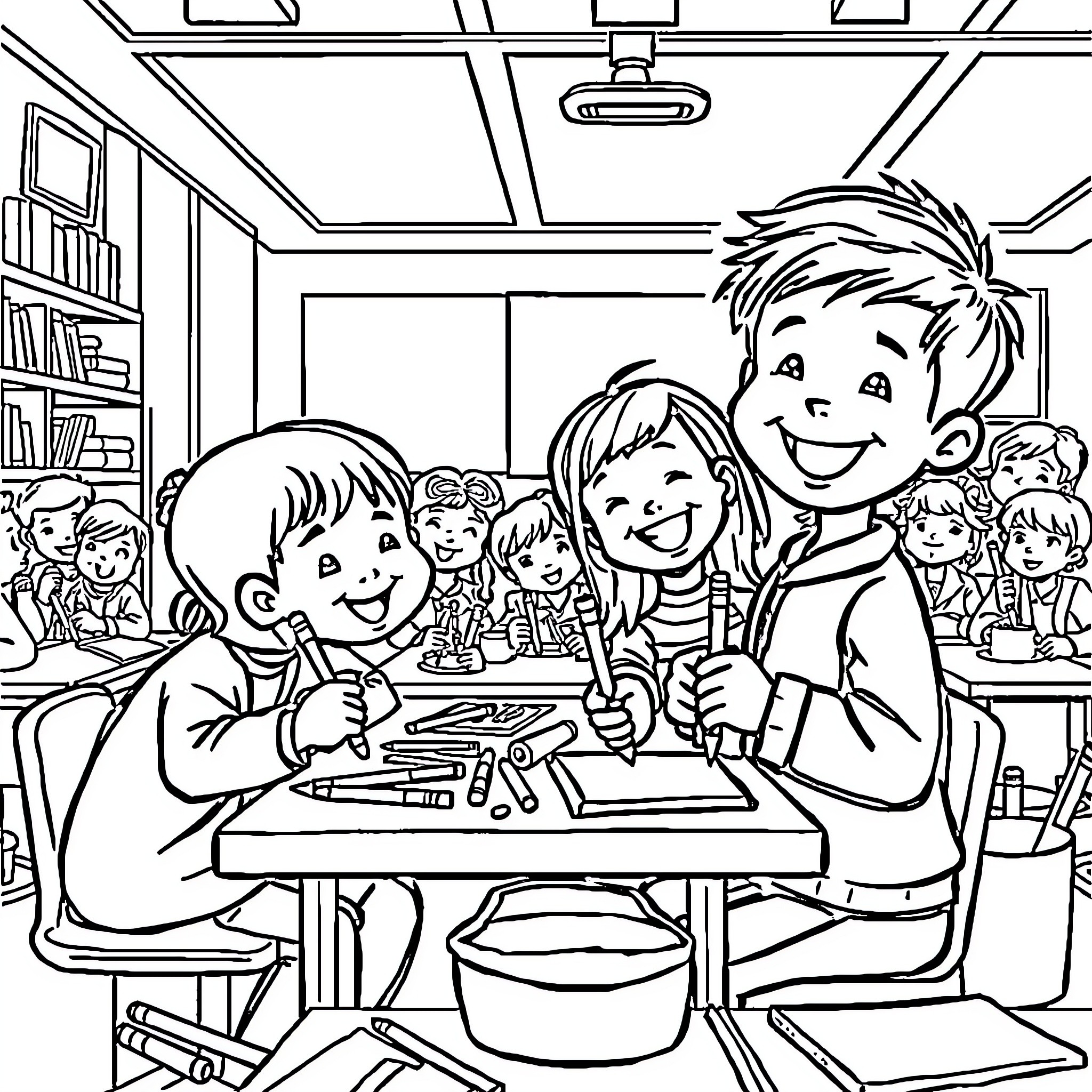 Child Creating Art in School Classroom Coloring Page (free black-and-white line drawing printable PDF for all, from beginners to advanced learners, including children, teens, adults, and seniors)