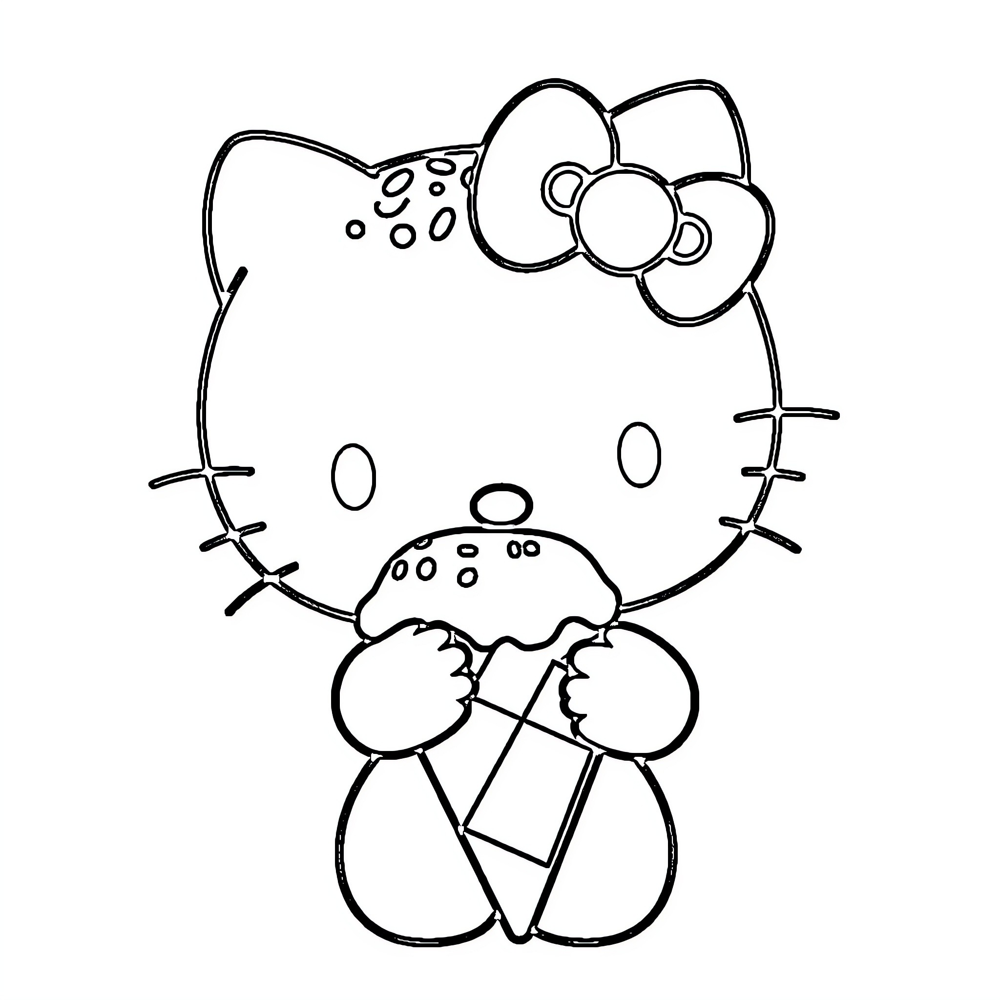 Hello Kitty enjoying an ice cream cone Coloring Page (free black-and-white line drawing printable PDF for all, from beginners to advanced learners, including children, teens, adults, and seniors)