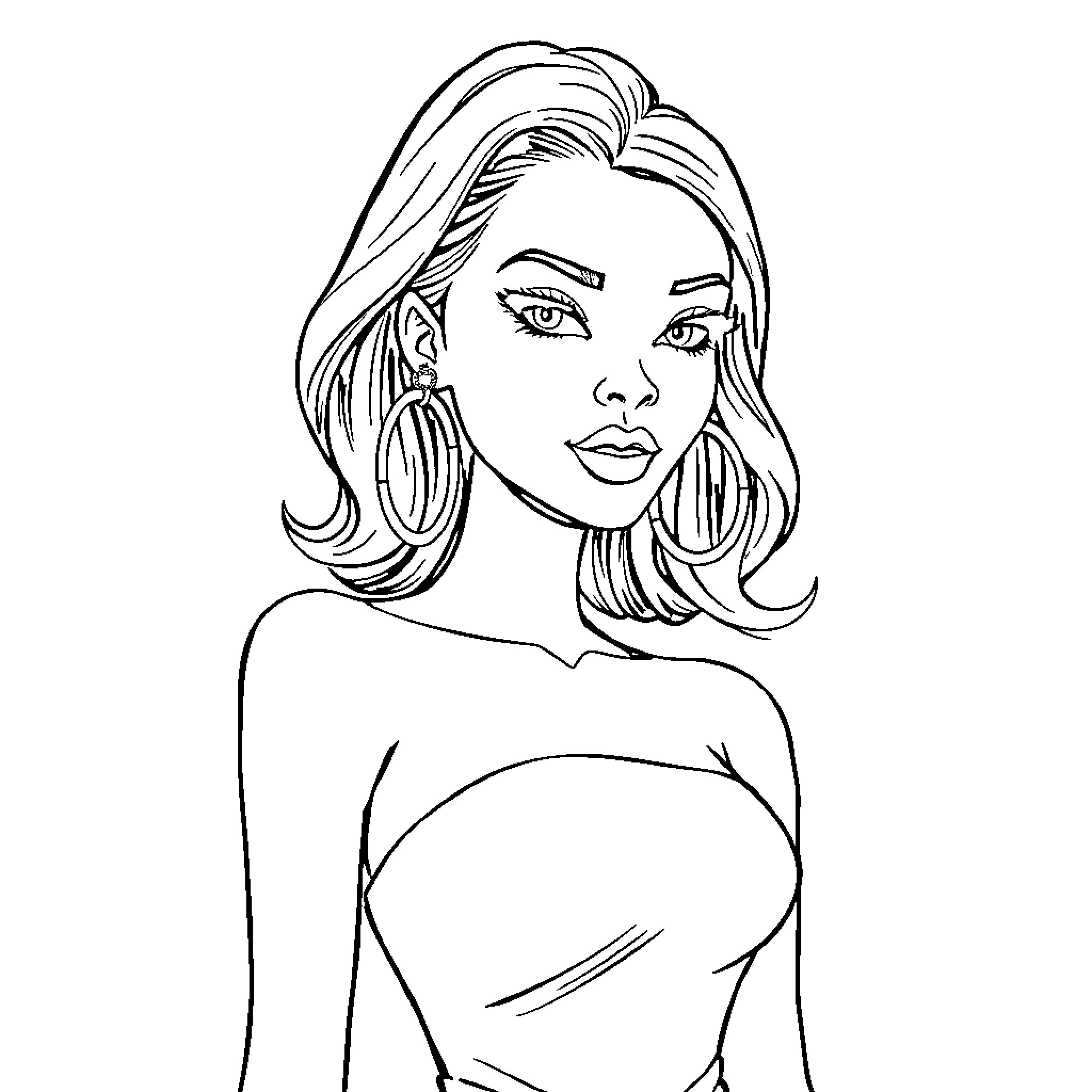 Woman in Elegant Monochrome Portrait Coloring Page (free black-and-white line drawing printable PDF for all, from beginners to advanced learners, including children, teens, adults, and seniors)