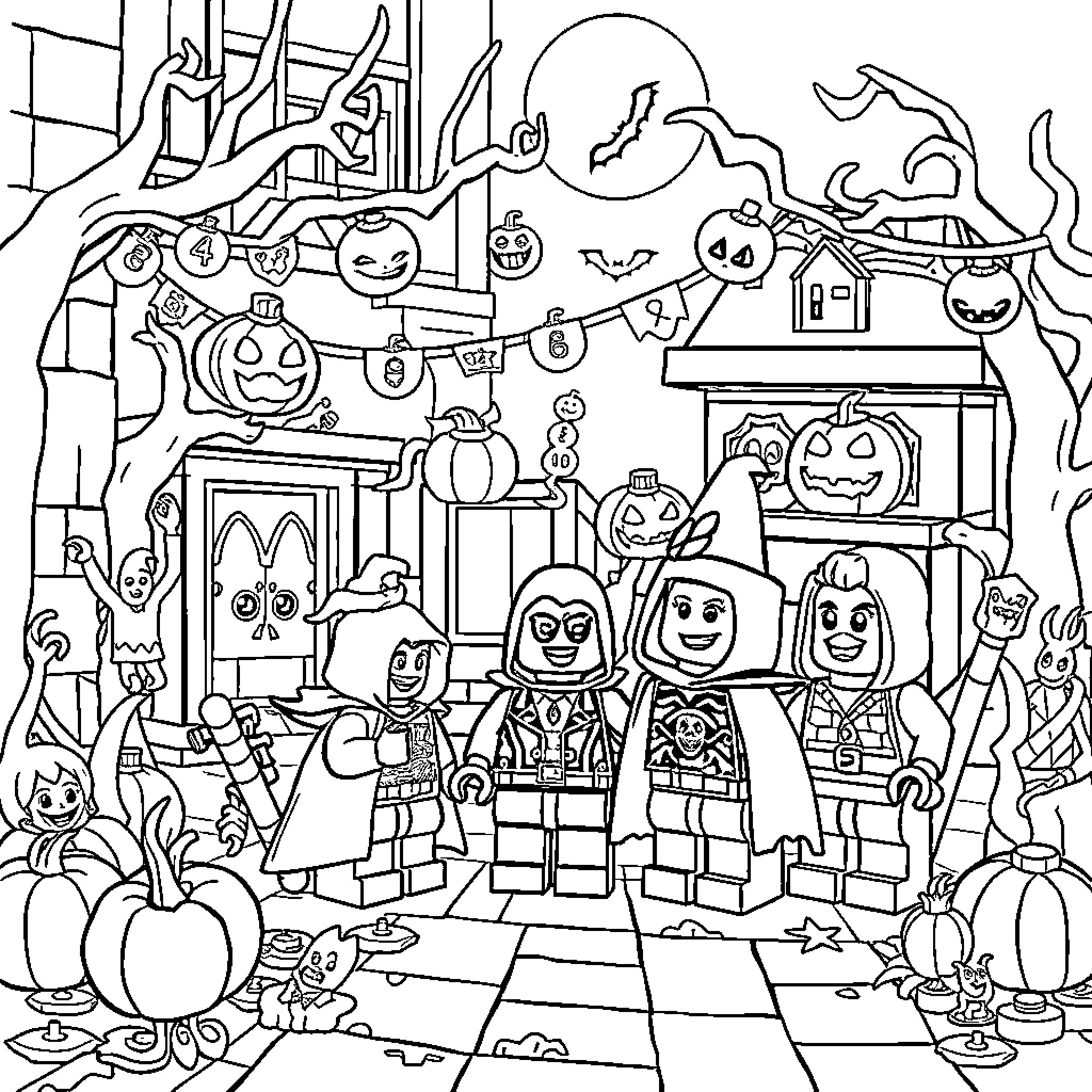 Lego characters celebrating Halloween in a spooky setting Coloring Page (free black-and-white line drawing printable PDF for all, from beginners to advanced learners, including children, teens, adults, and seniors)