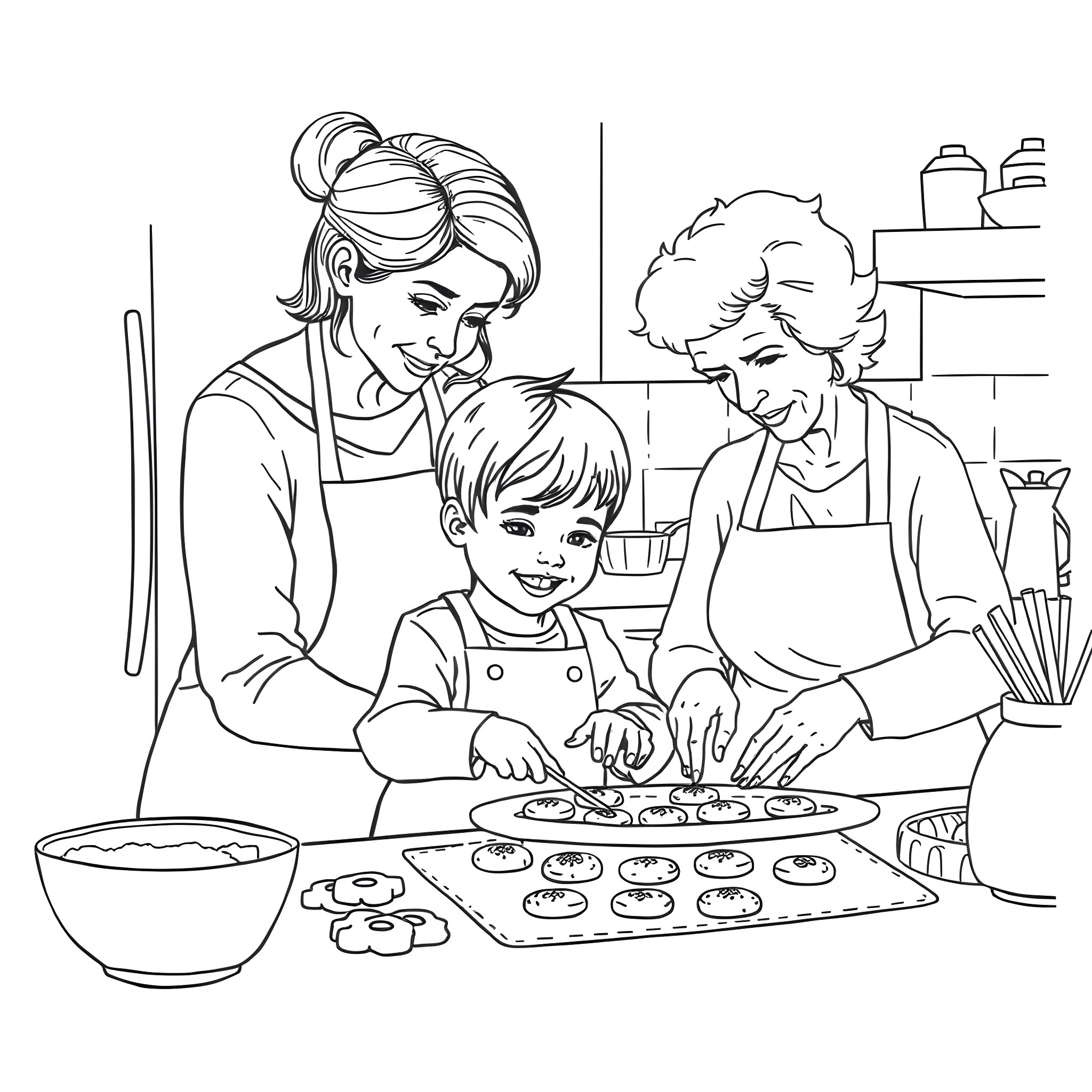 Child helping grandparents prepare cookies in the kitchen Coloring Page (free black-and-white line drawing printable PDF for all, from beginners to advanced learners, including children, teens, adults, and seniors)