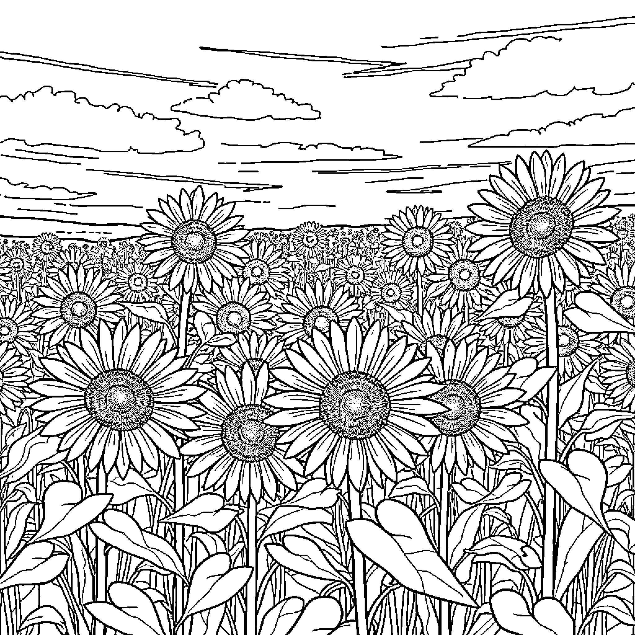 Sunflower field against cloudy sky Coloring Page (free black-and-white line drawing printable PDF for all, from beginners to advanced learners, including children, teens, adults, and seniors)