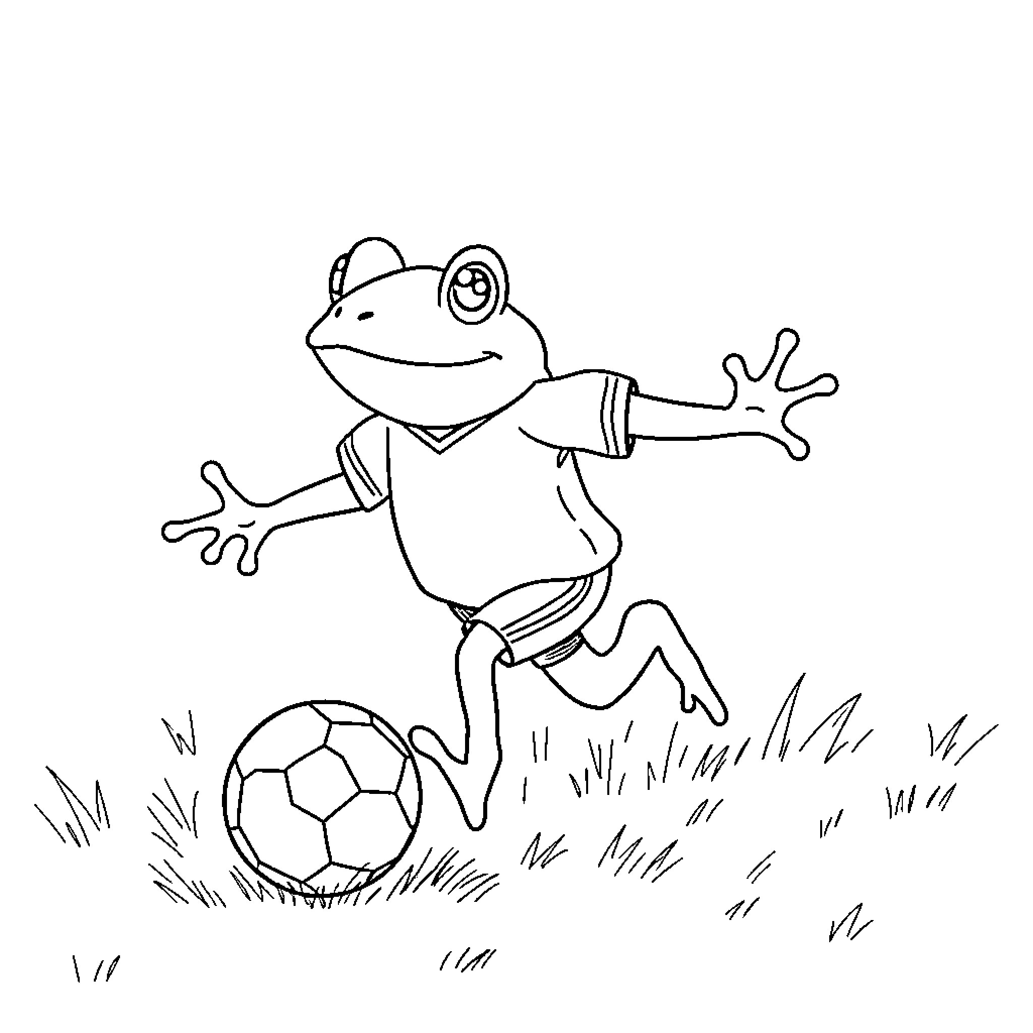 Frog playing with a soccer ball Coloring Page (free black-and-white line drawing printable PDF for all, from beginners to advanced learners, including children, teens, adults, and seniors)