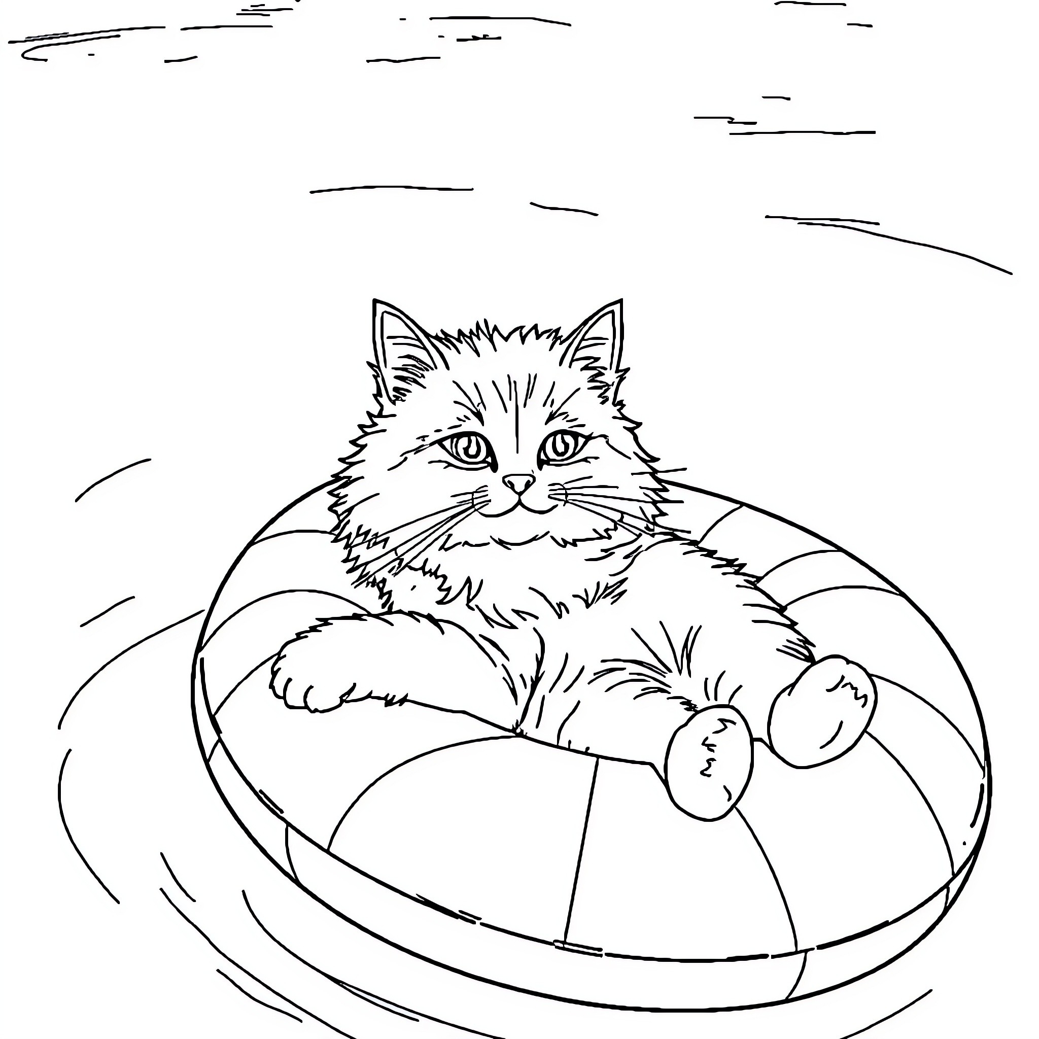 Cat relaxing in cozy bed Coloring Page (free black-and-white line drawing printable PDF for all, from beginners to advanced learners, including children, teens, adults, and seniors)