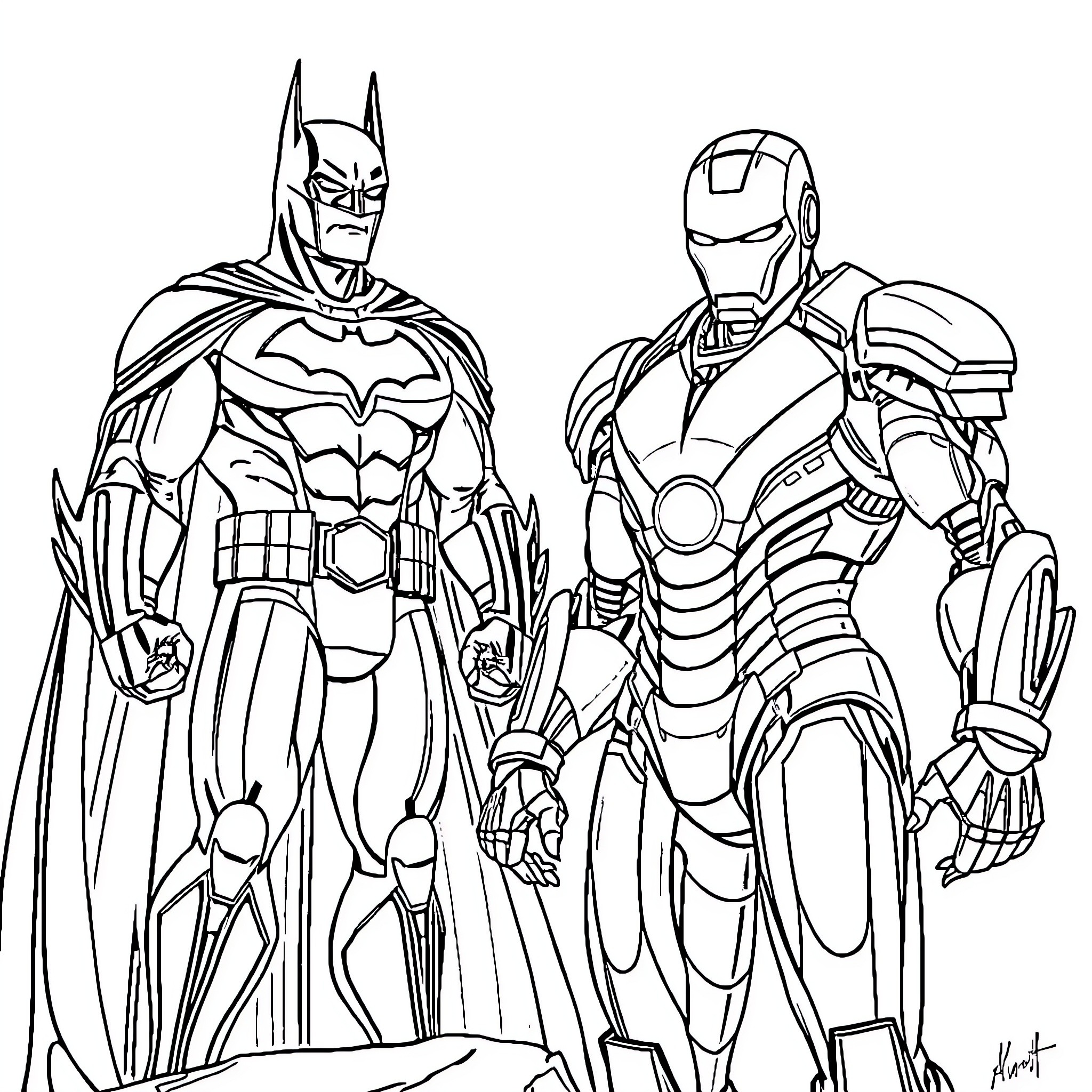 Batman and Iron Man posing together in heroic outfits Coloring Page (free black-and-white line drawing printable PDF for all, from beginners to advanced learners, including children, teens, adults, and seniors)