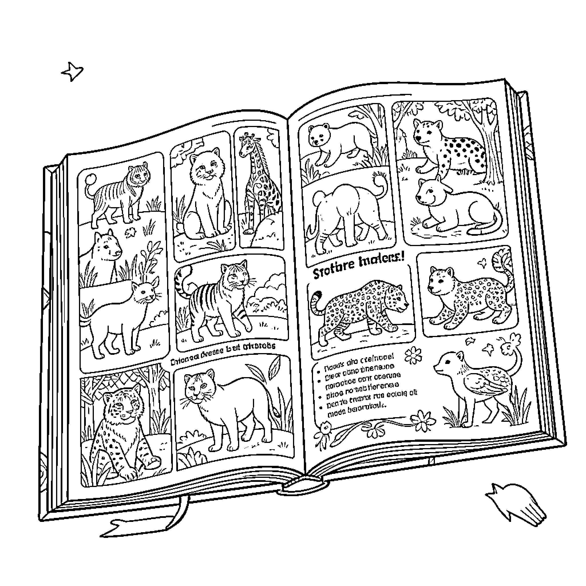 Animal book with various wildlife illustrations Coloring Page (free black-and-white line drawing printable PDF for all, from beginners to advanced learners, including children, teens, adults, and seniors)