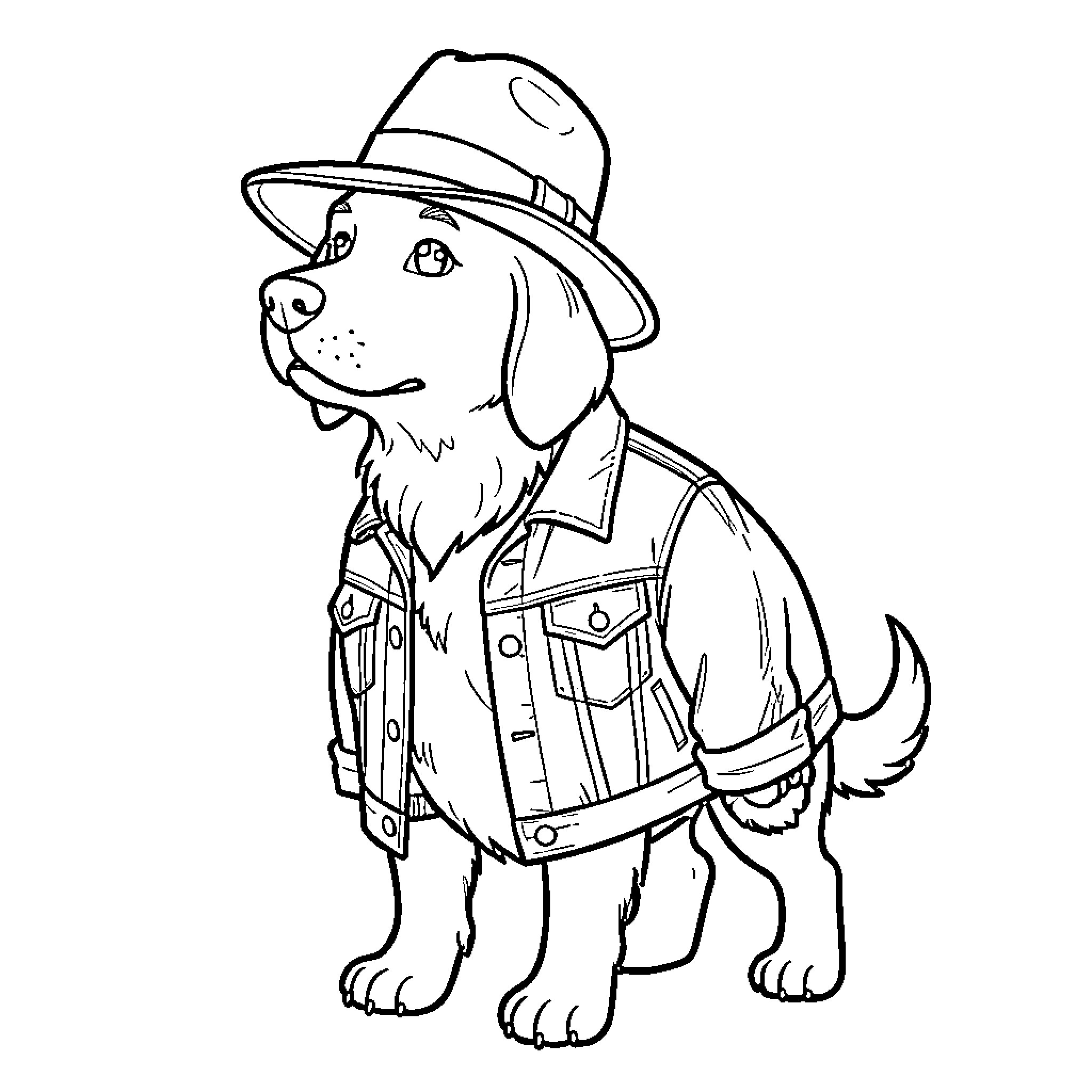 Perro wearing a hat and a denim vest Coloring Page (free black-and-white line drawing printable PDF for all, from beginners to advanced learners, including children, teens, adults, and seniors)