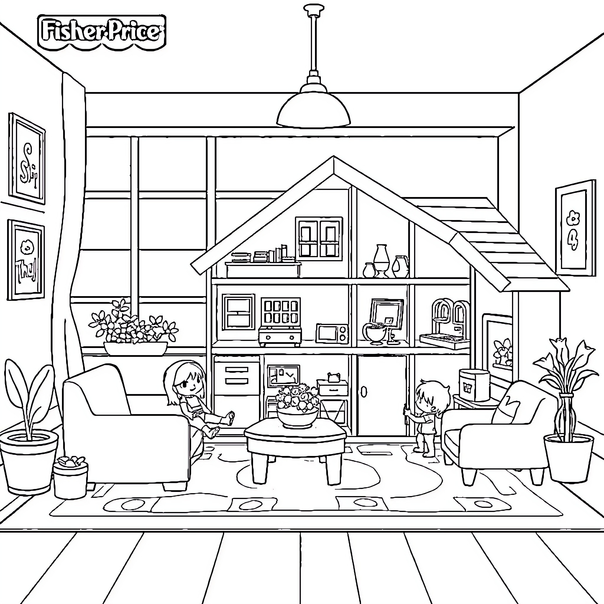 Dollhouse Playtime: A Cozy Interior Scene Coloring Page (free black-and-white line drawing printable PDF for all, from beginners to advanced learners, including children, teens, adults, and seniors)