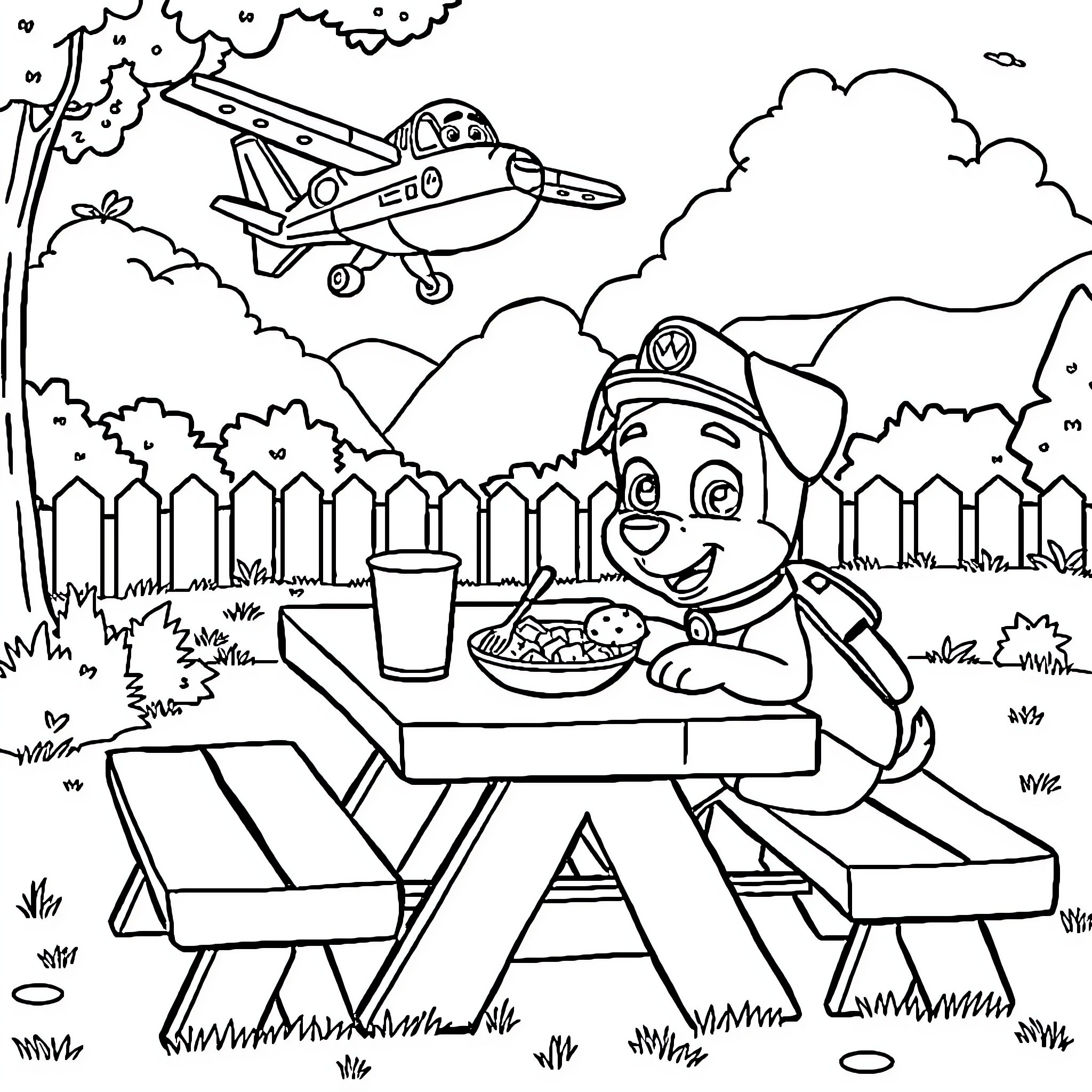 Paw Patrol Dog Enjoying Picnic and Airplane Adventure Coloring Page (free black-and-white line drawing printable PDF for all, from beginners to advanced learners, including children, teens, adults, and seniors)
